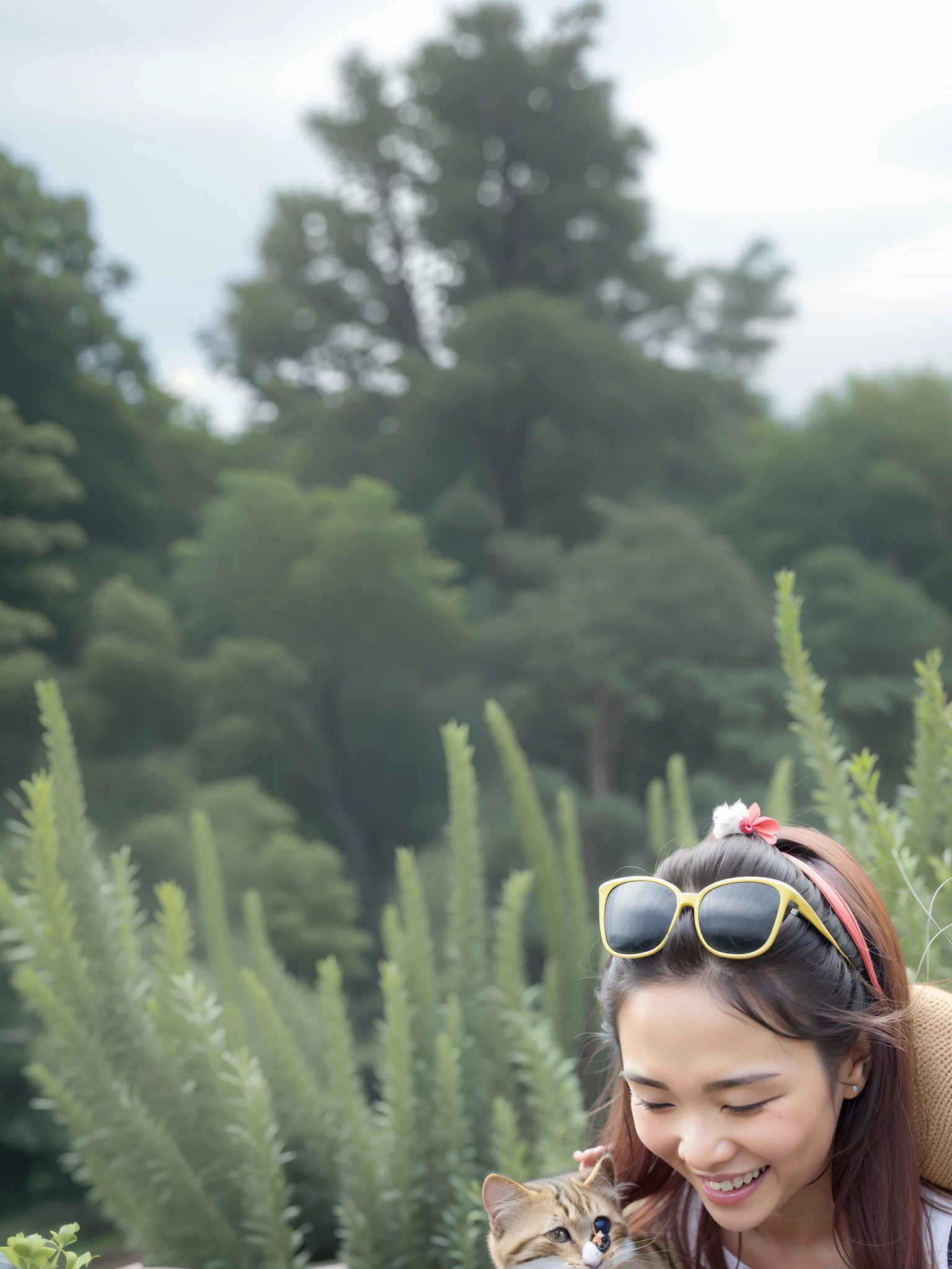 woman sitting on a bench with a cat in her lap, exclusive, mai anh tran, taken with sony alpha 9, nivanh chanthara, with small cat on lap, dang my linh, holding her yorkshire terrier, taken with canon eos 5 d mark iv, at a park, she is holding a cat in her arms, portrait image, with ivy