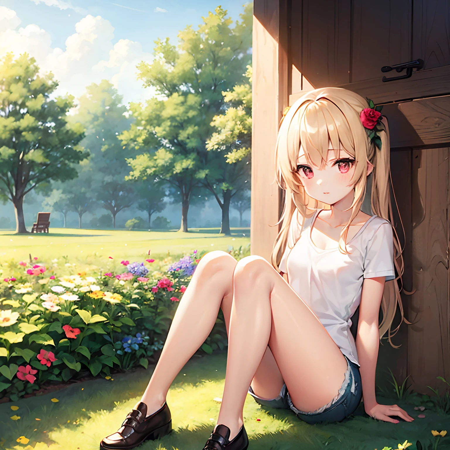 a blond、red eyes、Beautiful girl alone、Denim shorts、Black tights、flower  field、sitting on、