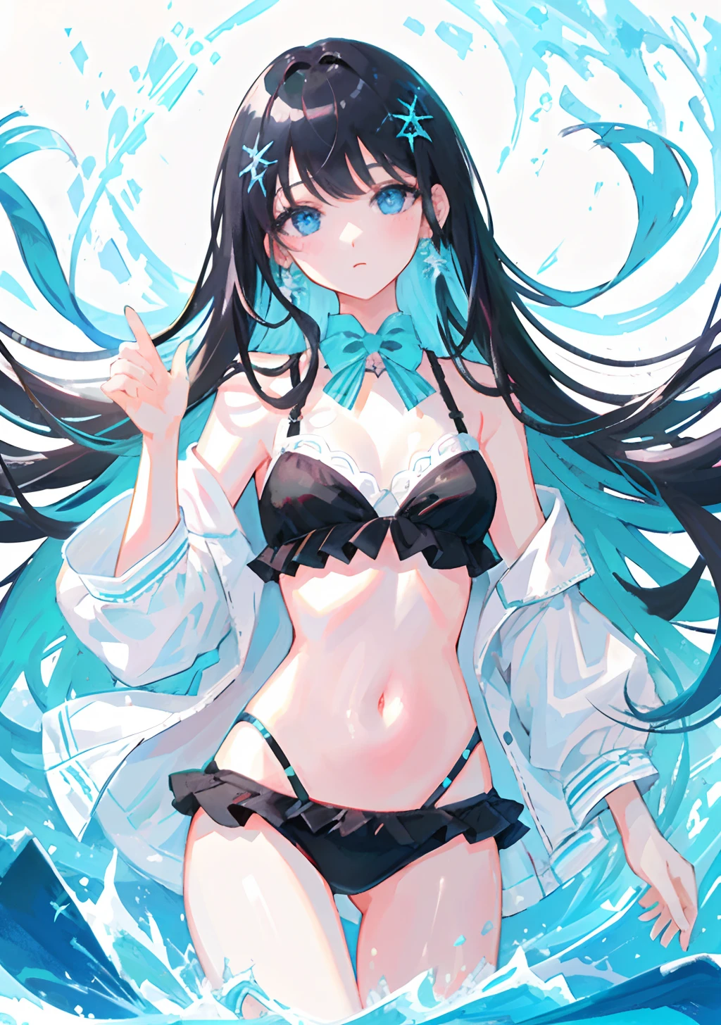 ​masterpiece、top-quality、ultra-detailliert、illustratio、portlate、 1 人、Black_hair、blue eyess、white  hair、swim wears、The bikini