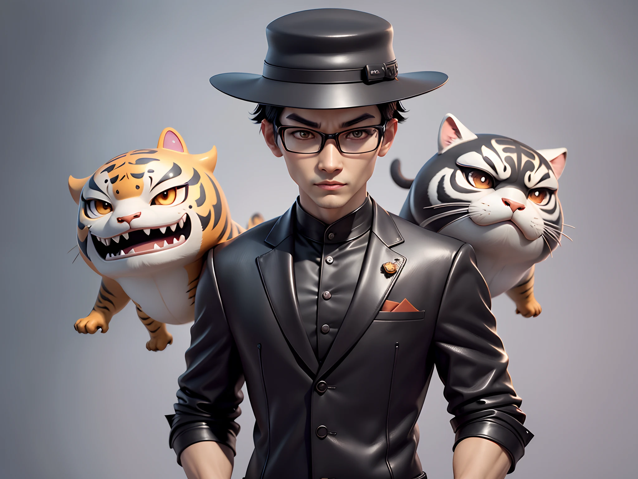 Young man with oriental face in leather hat, tiger, oriental face in formal suit, short black hair, silver glasses, digital painting, 3D character design by Mark Clairedon and Pixar and Hayao Miyazaki and Akira Toriyama, the illustration is a high-definition illustration in 4K resolution with very detailed facial features and cartoon-style visuals.
