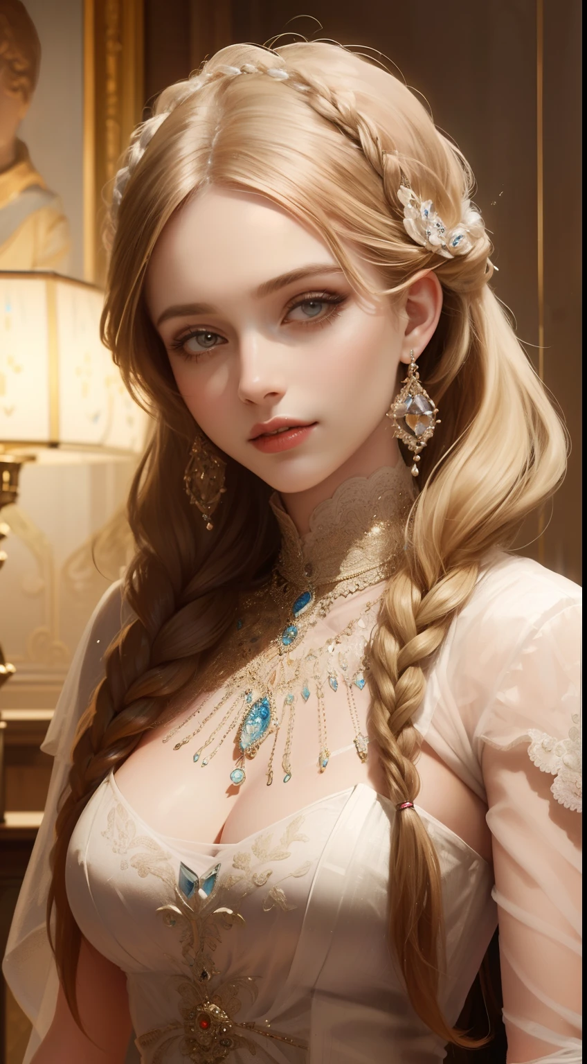 Portrait of a full-body woman in ornate anatomical dress. High-resolution photography. Soft, even lighting. Victorian-inspired garment with intricate embroidery depicting human organs and flora. Cream base with vibrant reds, pinks, and yellows. Pearl necklace, high collar. Curly blonde hair, natural makeup. Thoughtful expression, blue eyes. Straight-on angle, sharp focus. A blend of historical and surreal styles. Hyper-detailed needlework, especially on ribcage and intestines