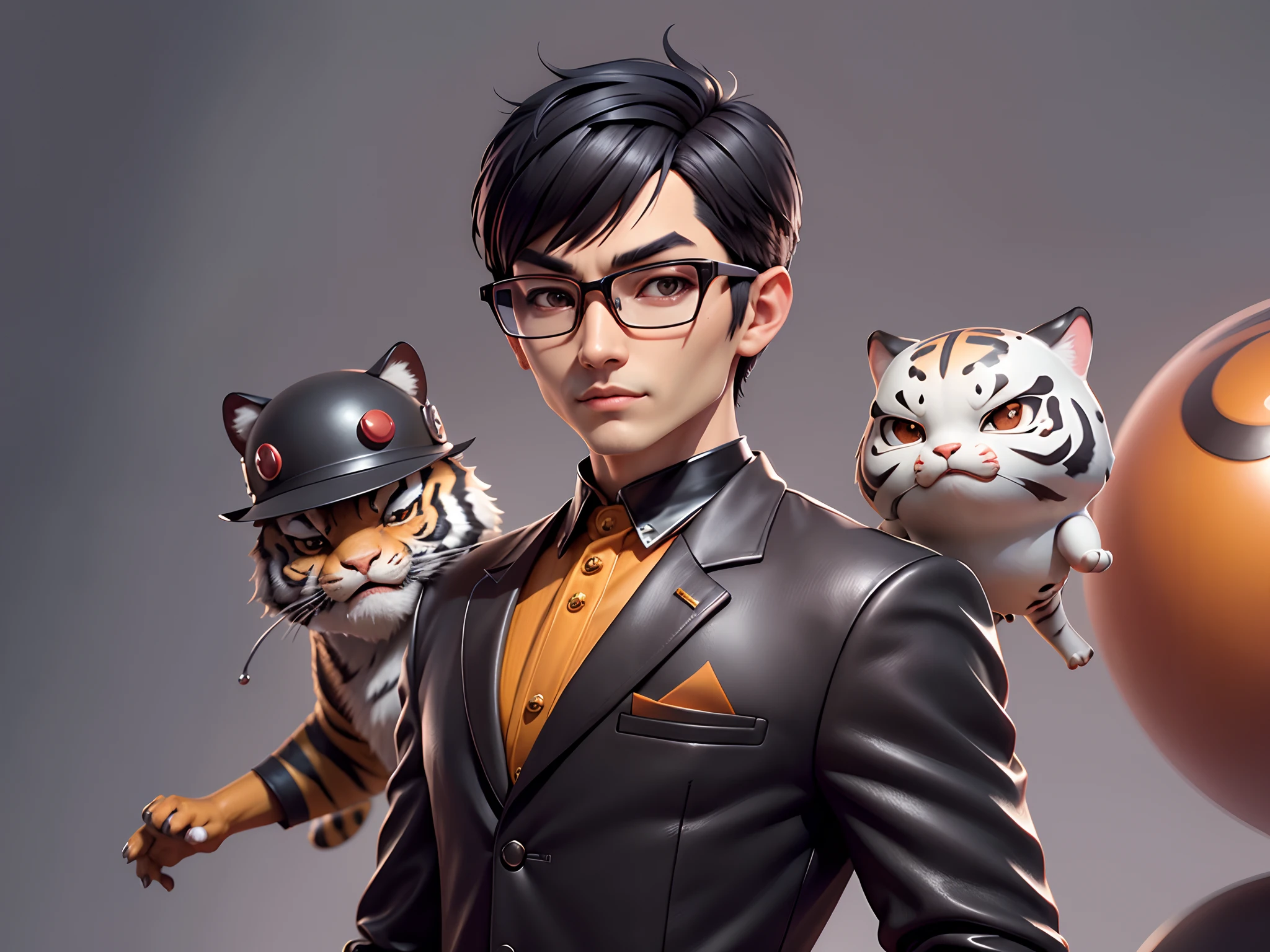 Young man with oriental face in leather hat, tiger, oriental face in formal suit, short black hair, silver glasses, digital painting, 3D character design by Mark Clairedon and Pixar and Hayao Miyazaki and Akira Toriyama, the illustration is a high-definition illustration in 4K resolution with very detailed facial features and cartoon-style visuals.