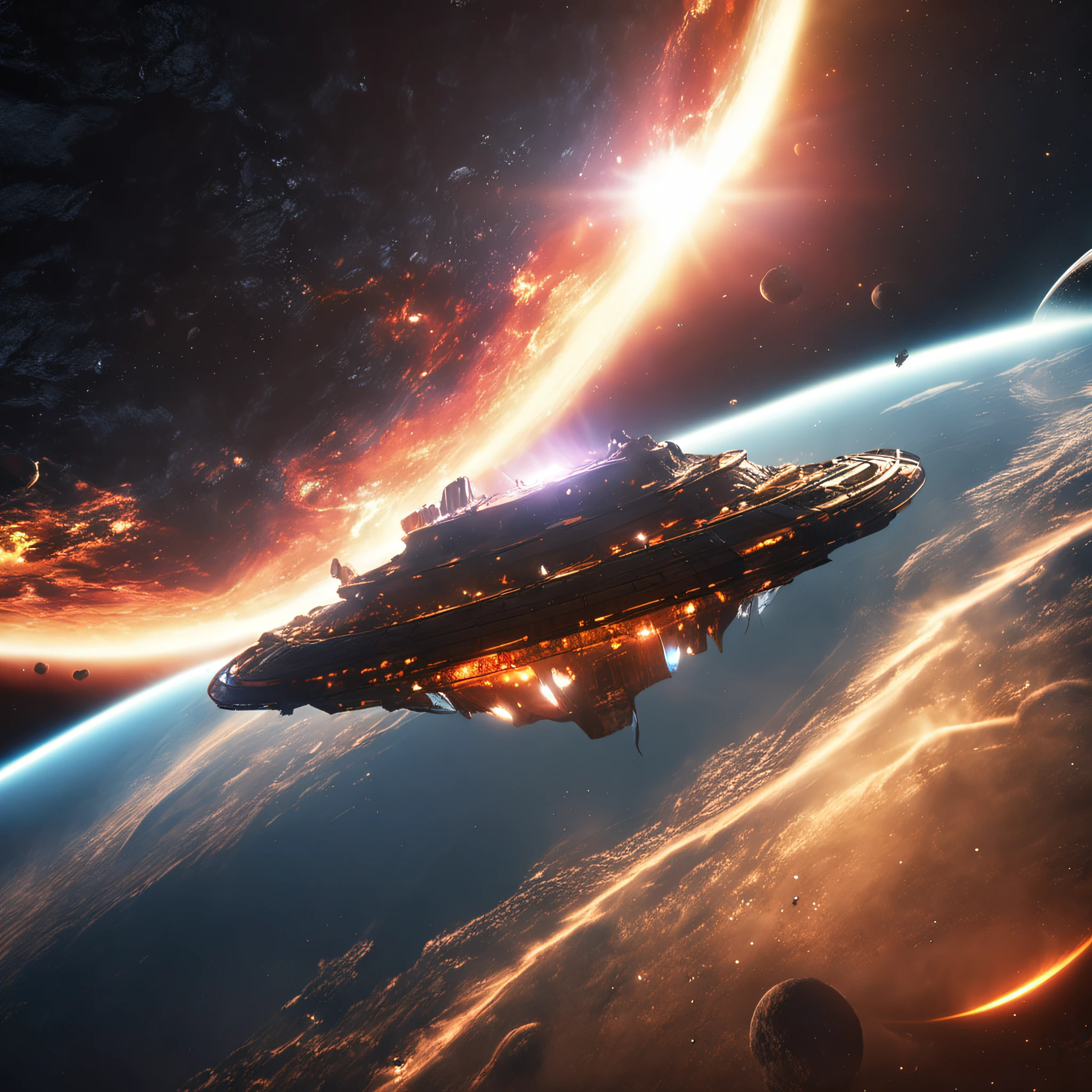 ((Best quality)), ((Masterpiece)), (dramatic scene), The Earth and the Sun collapse into black holes like the Sun, (Post lighting:1.3), As soon as the sun came out, it darkened, (Epic composition:1.2), (Earth bathed in light of random colors:1.3), (CG animation:1.1), Flames and debris are inhaled, (Emergency atmosphere:1.2), The spacecraft was evacuated urgently，Open the space wormhole，People fleeing, (movie atmosphere:1.3), Nebulae and galaxies in the background, (High contrast:1.1), (8K resolution:1.0),