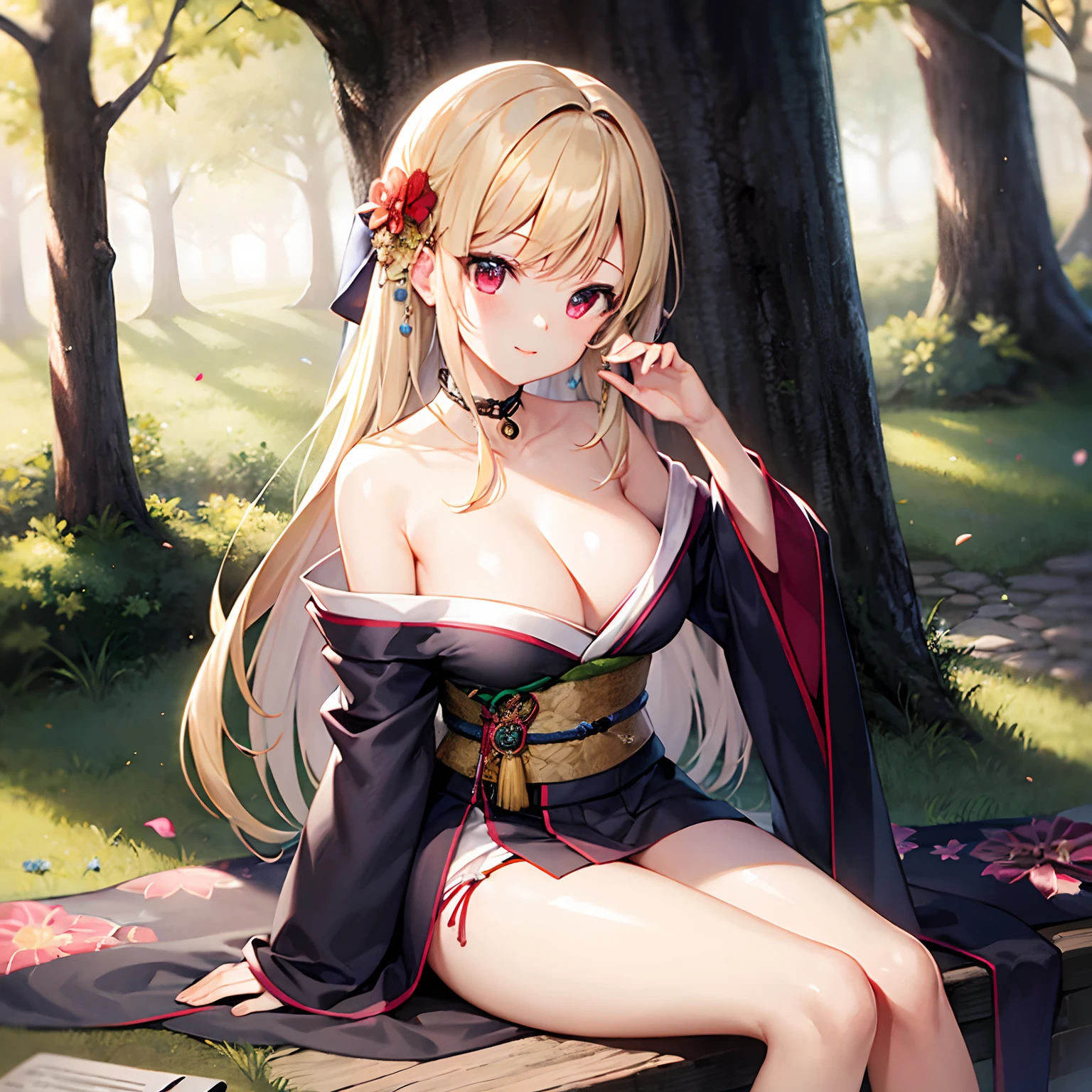 a blond、red eyes、Beautiful girl alone、Kimono with fancy patterns、Off-shoulder、in woods