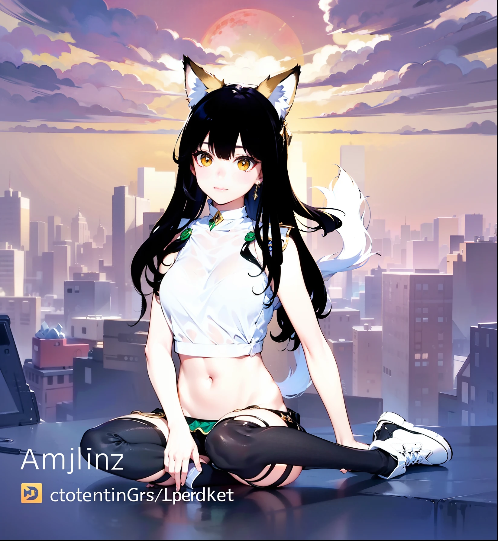 The left eye is green,The right eye is golden,Fox ears,a beauty girl