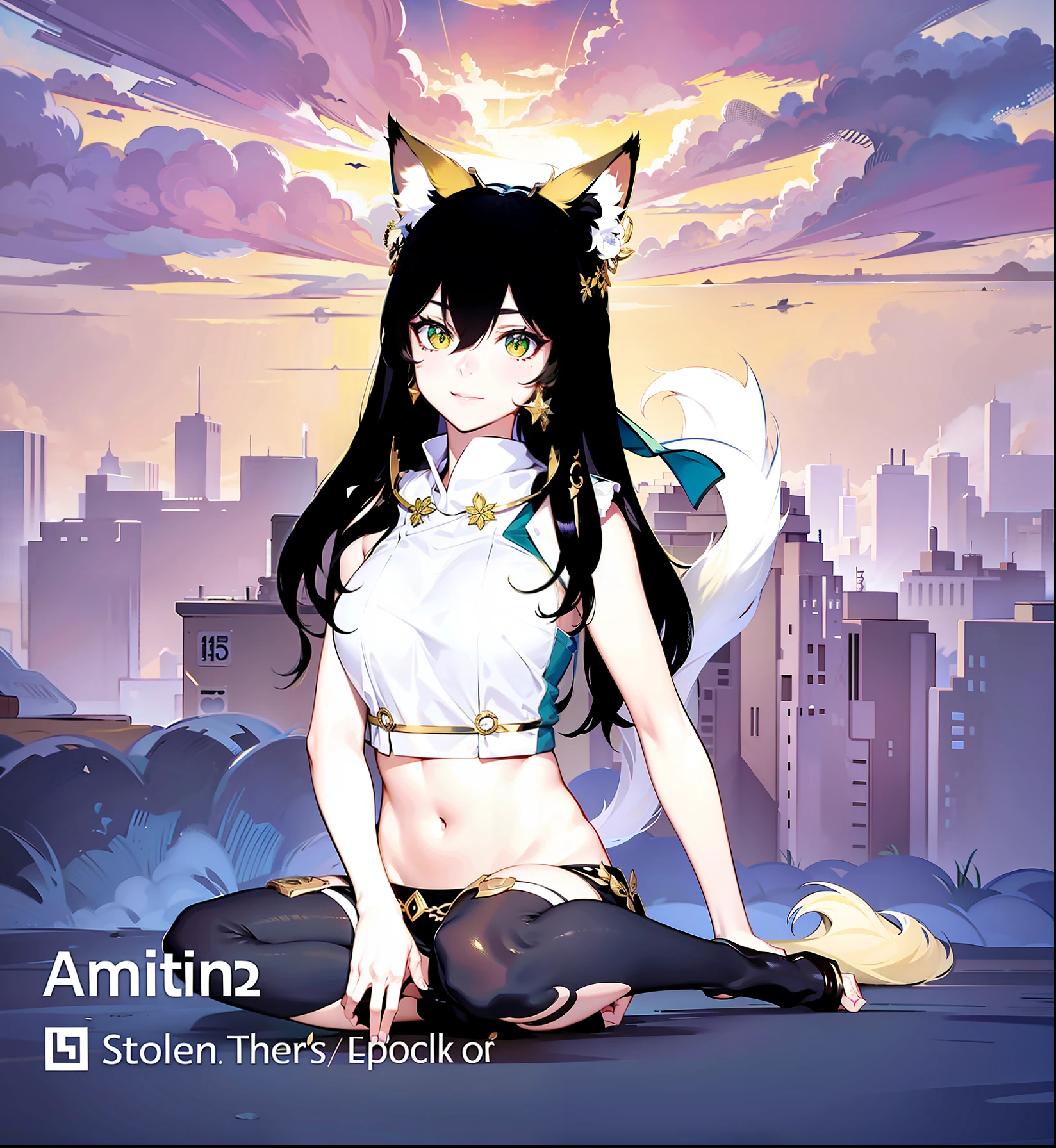 The left eye is green,The right eye is golden,Fox ears,a beauty girl
