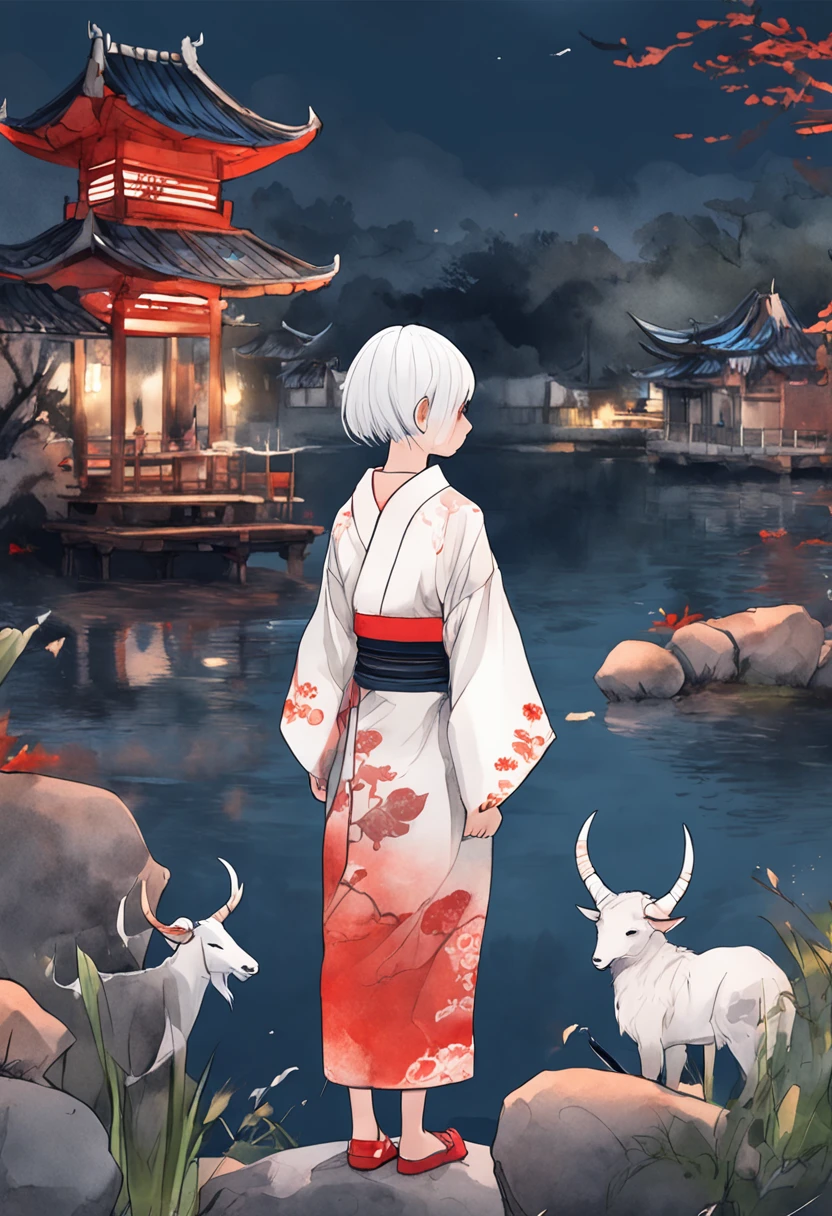 sfw, watercolor illustration, perfect anatomy, masterpiece, best quality, 1girl, yo, lo, solo, (white short hair:1.2), looking at viewer, (oni:1.1), (horns:0.8), kimono, nature, night time, from above, standing by the riverside, landscape
