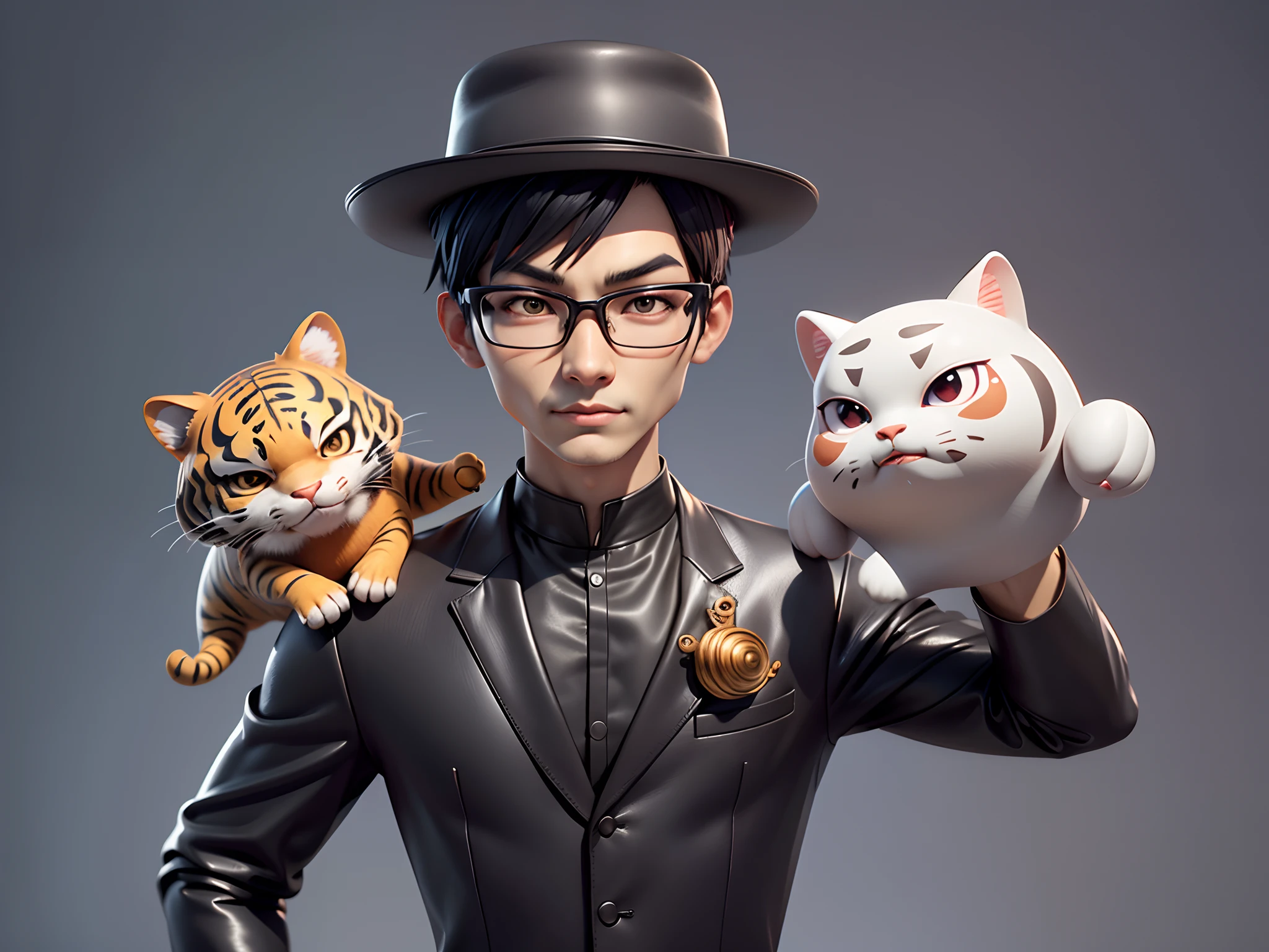 Young man with oriental face in leather hat, tiger, oriental face in formal suit, short black hair, silver glasses, digital painting, 3D character design by Mark Clairedon and Pixar and Hayao Miyazaki and Akira Toriyama, the illustration is a high-definition illustration in 4K resolution with very detailed facial features and cartoon-style visuals.