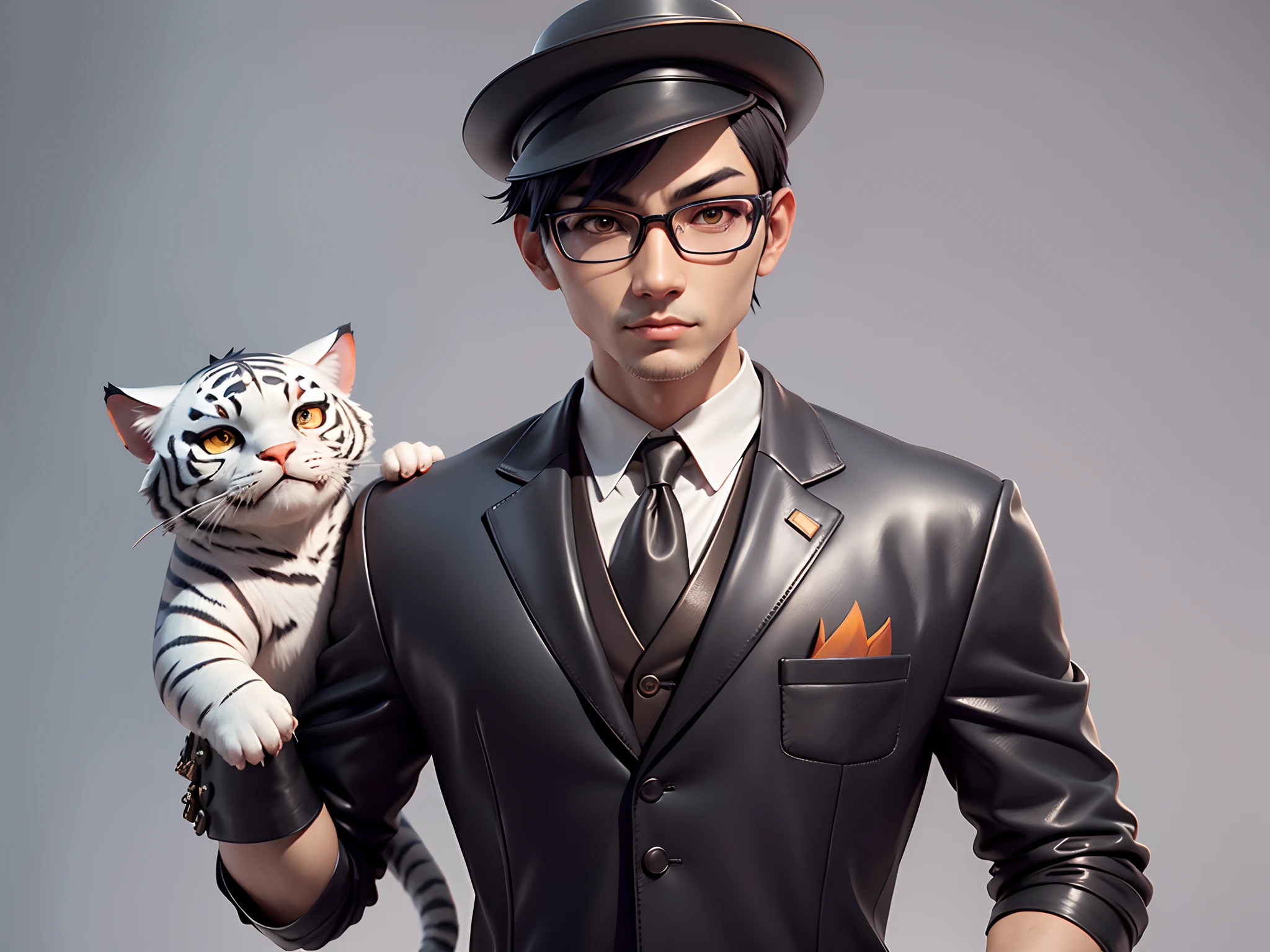 Young man with oriental face in leather hat, tiger, oriental face in formal suit, short black hair, silver glasses, digital painting, 3D character design by Mark Clairedon and Pixar and Hayao Miyazaki and Akira Toriyama, the illustration is a high-definition illustration in 4K resolution with very detailed facial features and cartoon-style visuals.