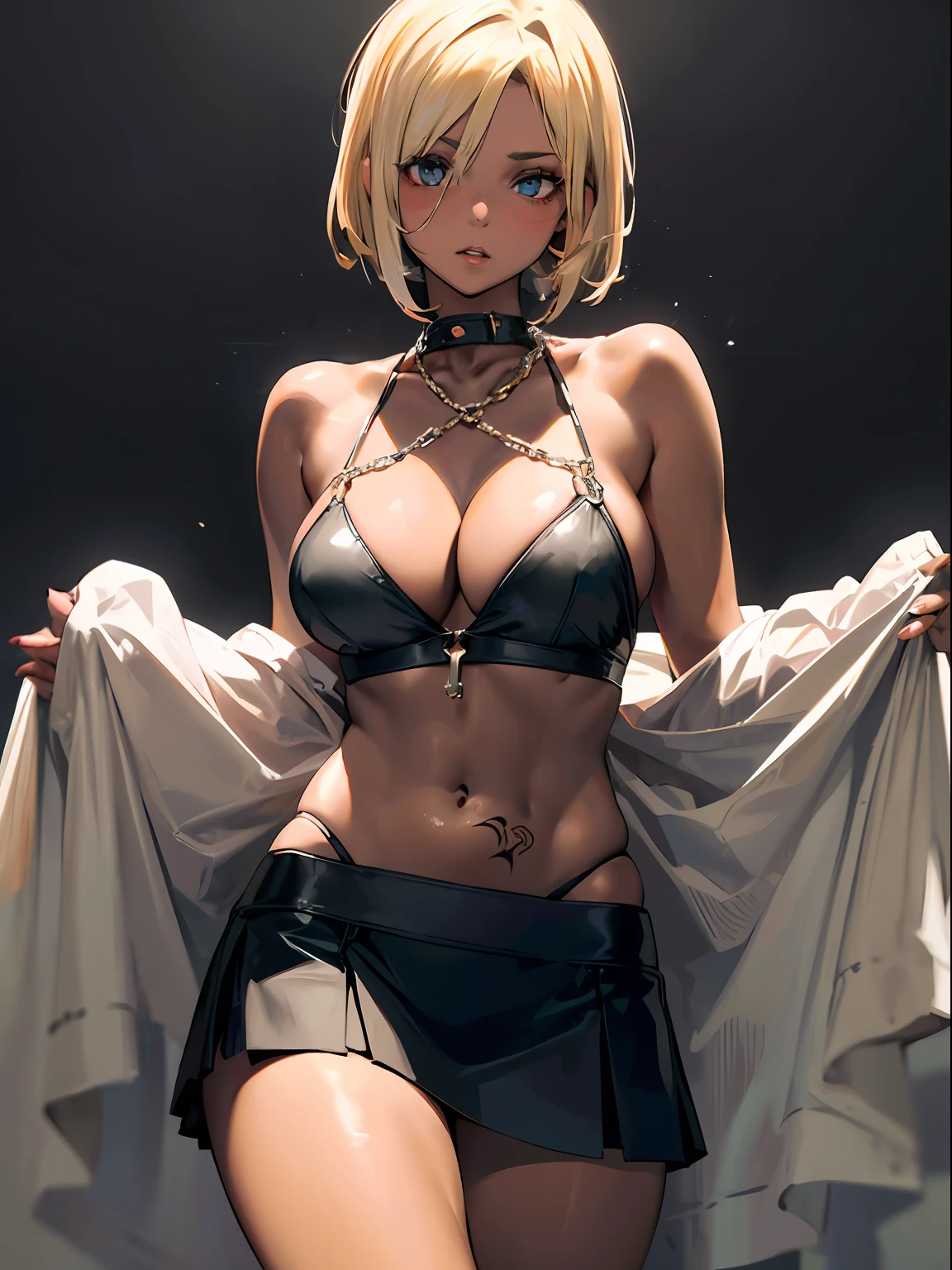 a 20 yo woman、a blond、bustup、a miniskirt、The tattoo、gargantilha、chains、srestrained、teats、(hi-top fade:1.3)、A slender、Open your crotch、dark themed、Muted Tones、Subdued Color、highly contrast、(natural skin textures、Hyper-Realism、Soft light、sharp)