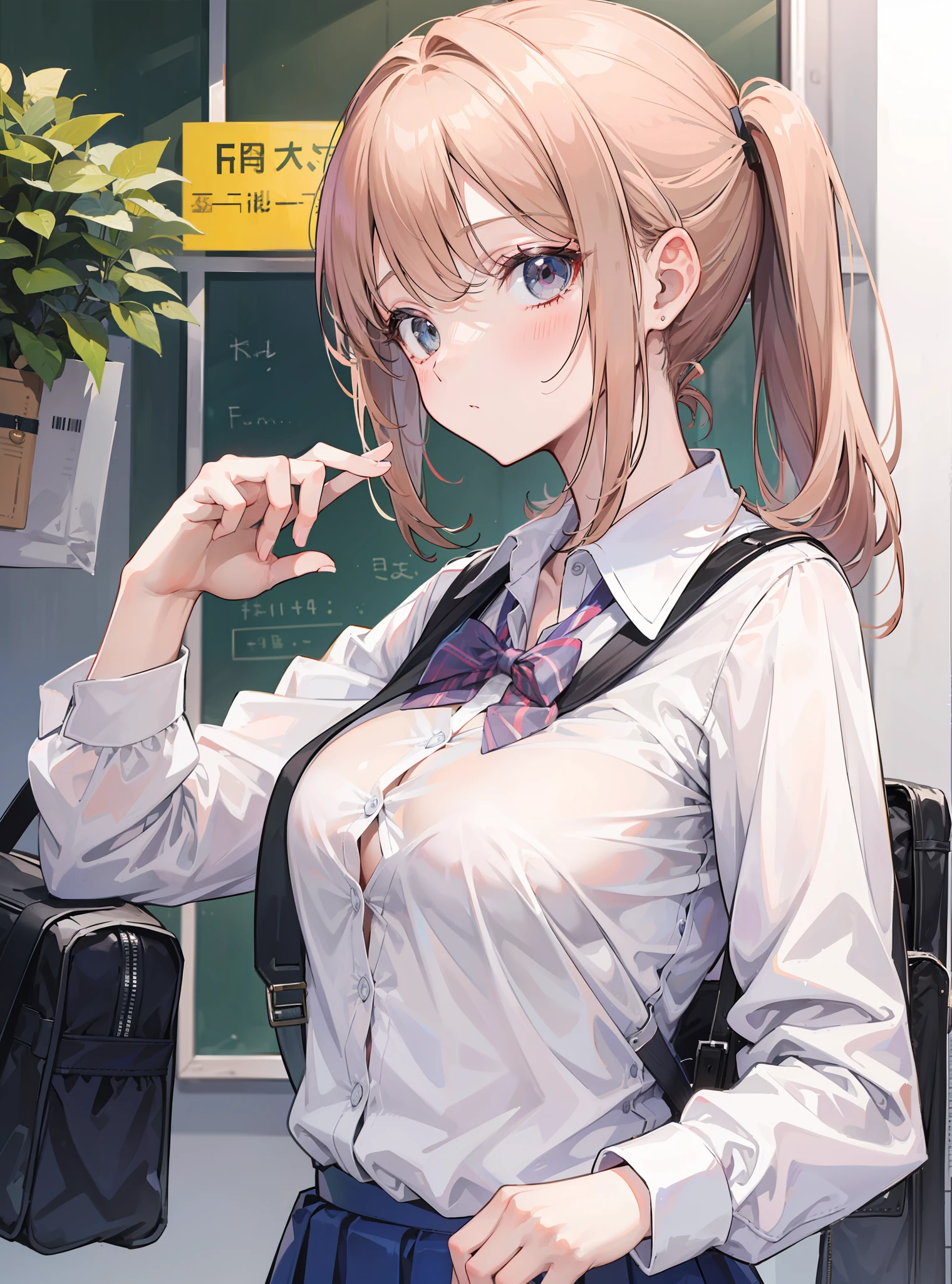 1girl, school unform, from side, cute, unbuttoned, school bag, looking at the viewer, skirt