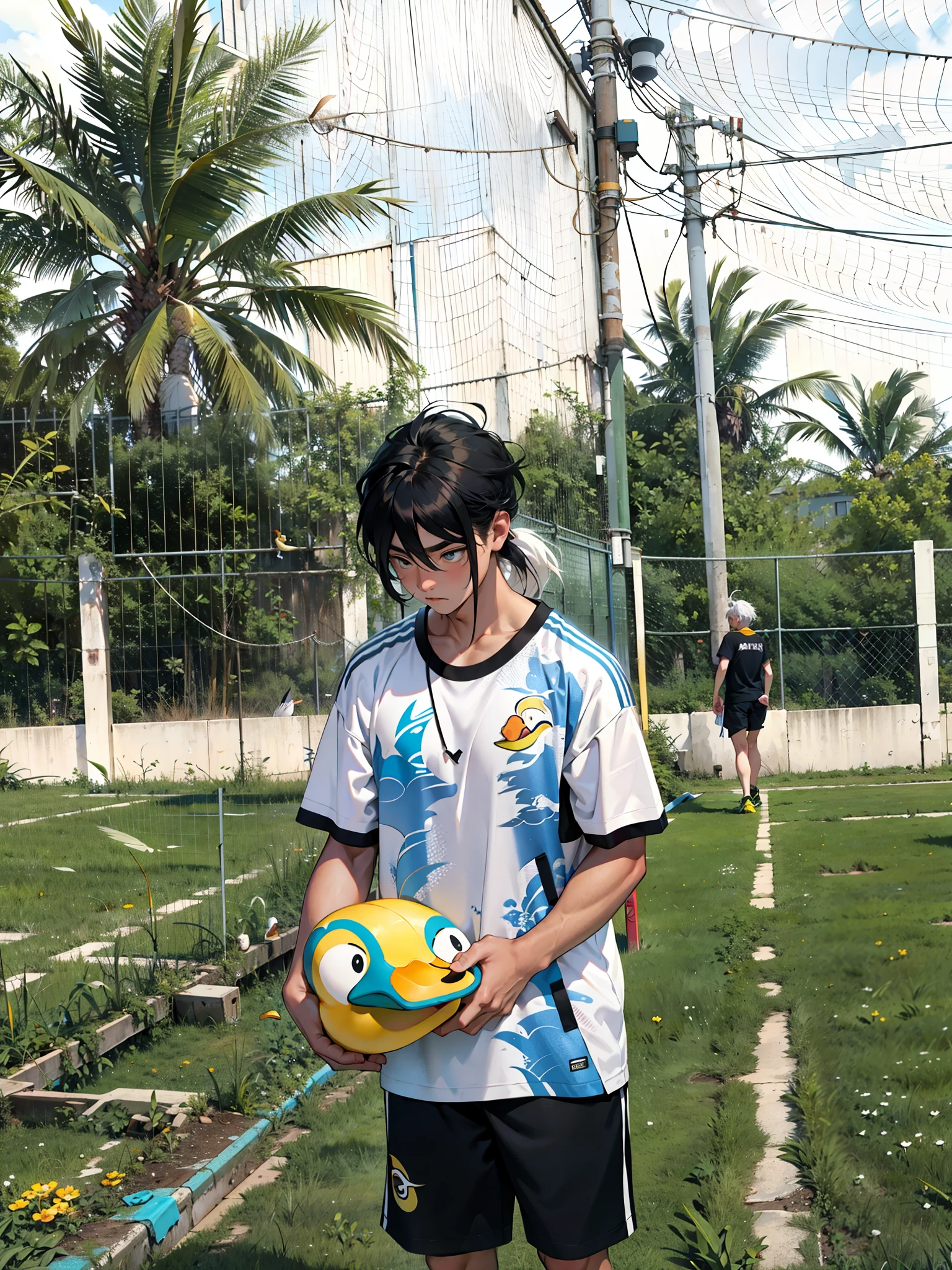 A boy, duck hybrid, messy long white hair, with yellow locks, confused expression, white shirt and shorts, duck feathers and ducktail
