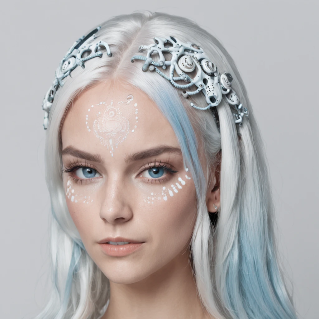 Young Caucasian Brazilian woman wears light make-up on her face. Skull pattern style. Light blue hair. Blue eyes. Use new white earphones. Wear a gray T-shirt. White background in a highly technological environment. High Detail, Realistic, Intricate Hyper Details, 8k, Cinematic Lighting, Cinematic