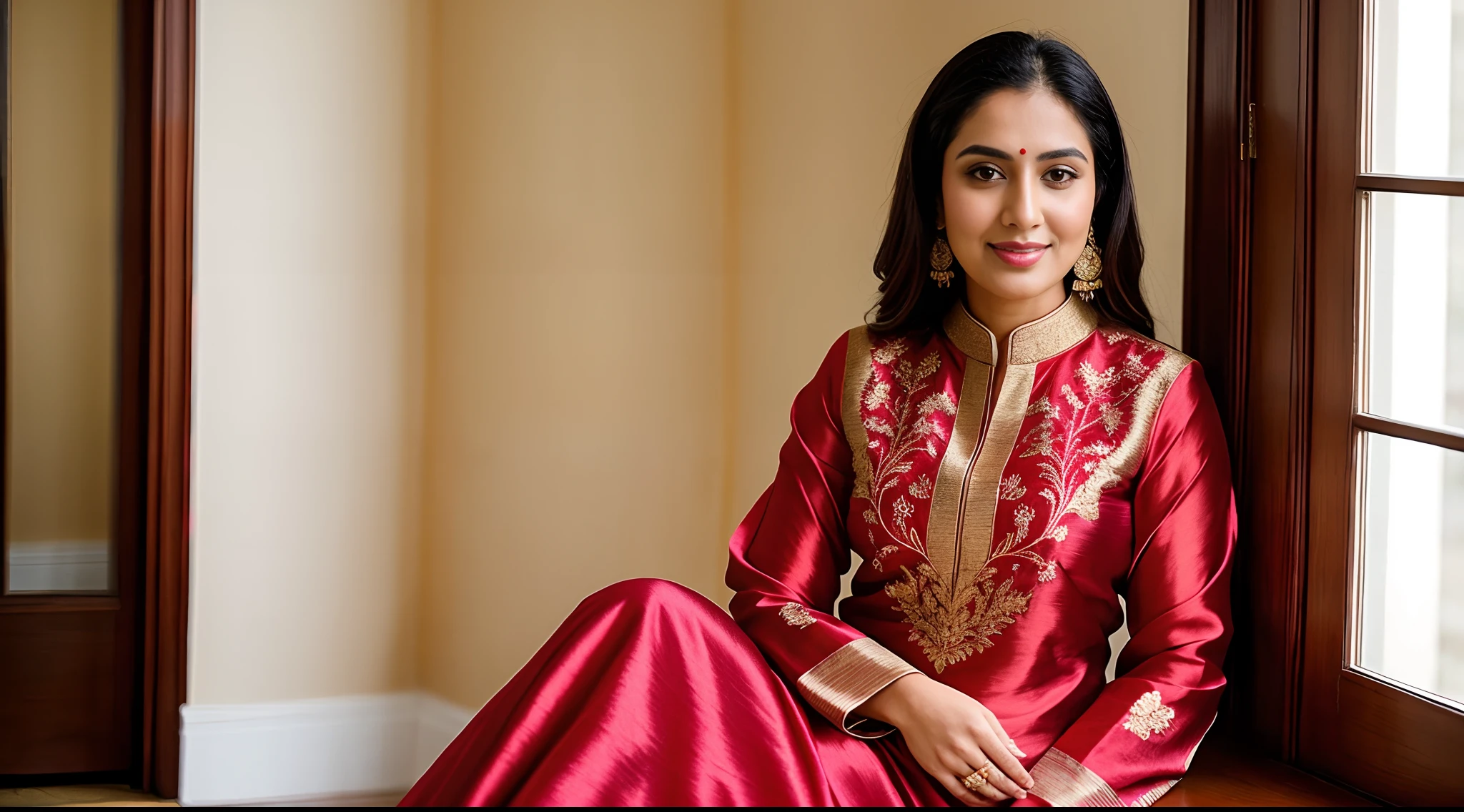 instagram photo, A one women posing for a picture in a stunning gold and red outfit. wearing a silk kurta with intricate embroidery, exuding elegance and grace."