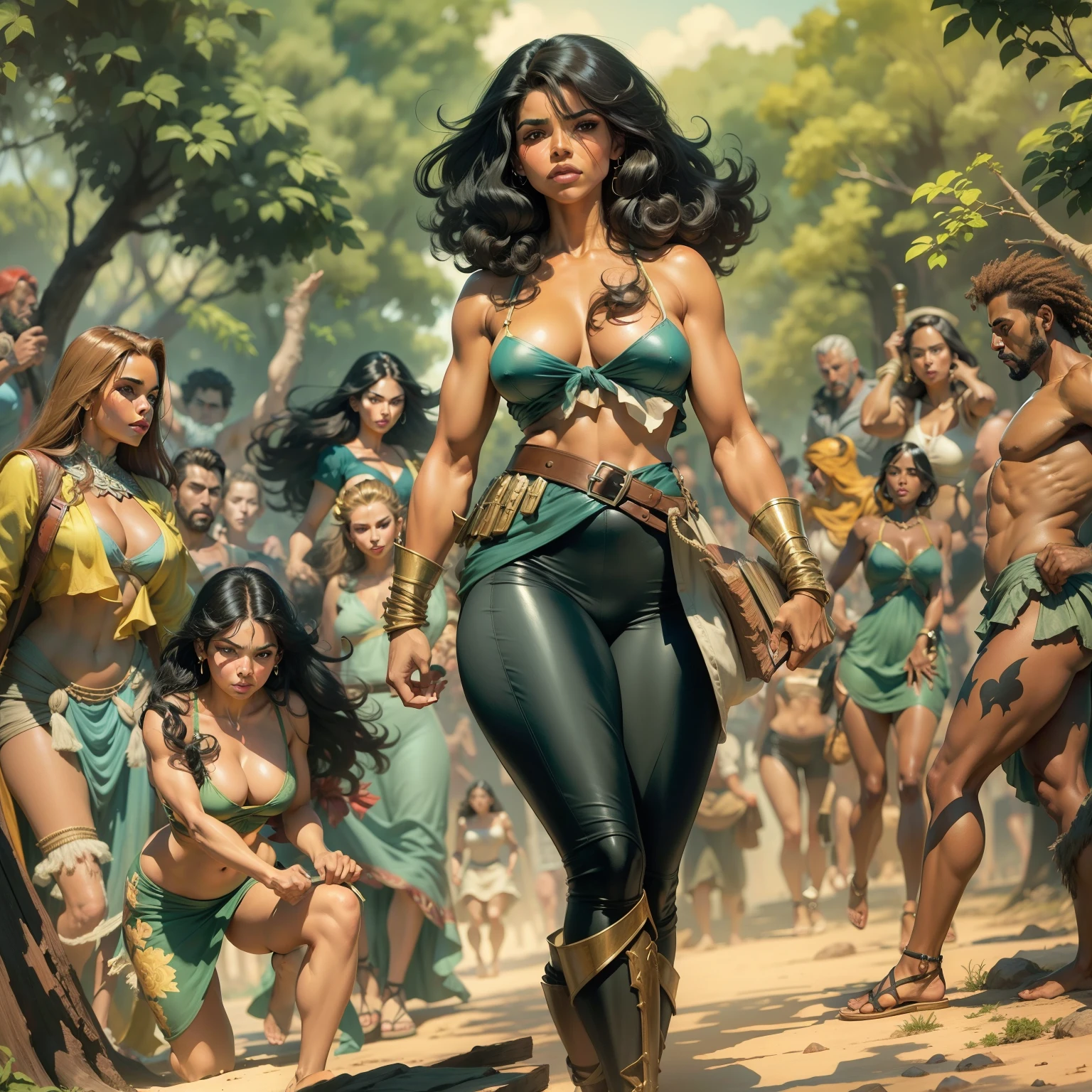 Arte por John Buscema similar. selvagem,mulher guerreiro, nua,cabelos negros compridos,olhos escuros sombrios,voluptuosa,maliciosa, wearing sandals,caminhando em um riacho,corpo inteiro,livre