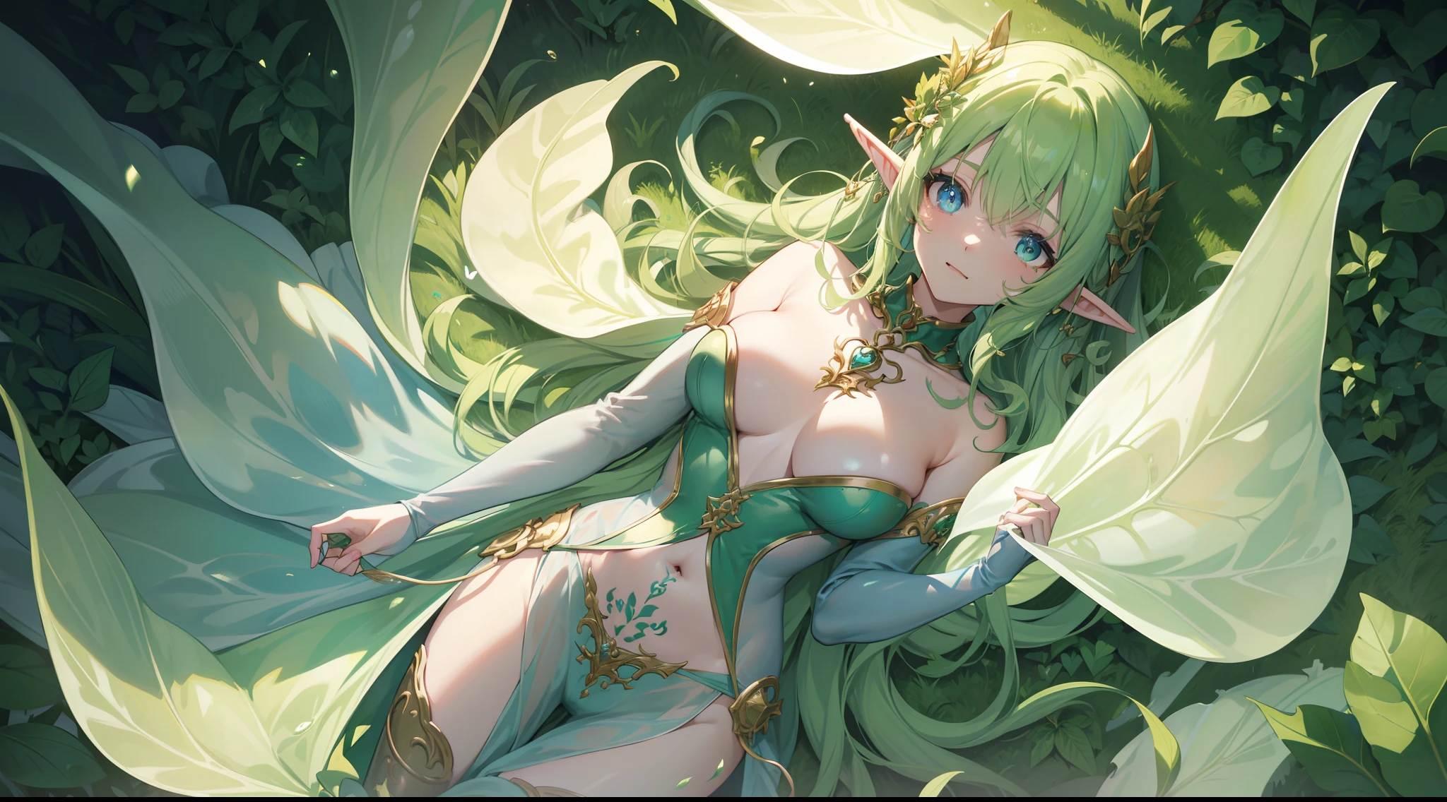 Farmer elf maiden, ((slimy outfit)), collar, multicolor hair (green and blue), curly fang, feather mask, charming aura, glowing heart shape pupil, masterpieces, original character, high resolution, extreame detail, grass effect, oiled body detailed, figure, armlet, farm background, camera from above, ((crotch tattoo)), best anime 16k wallpaper quality