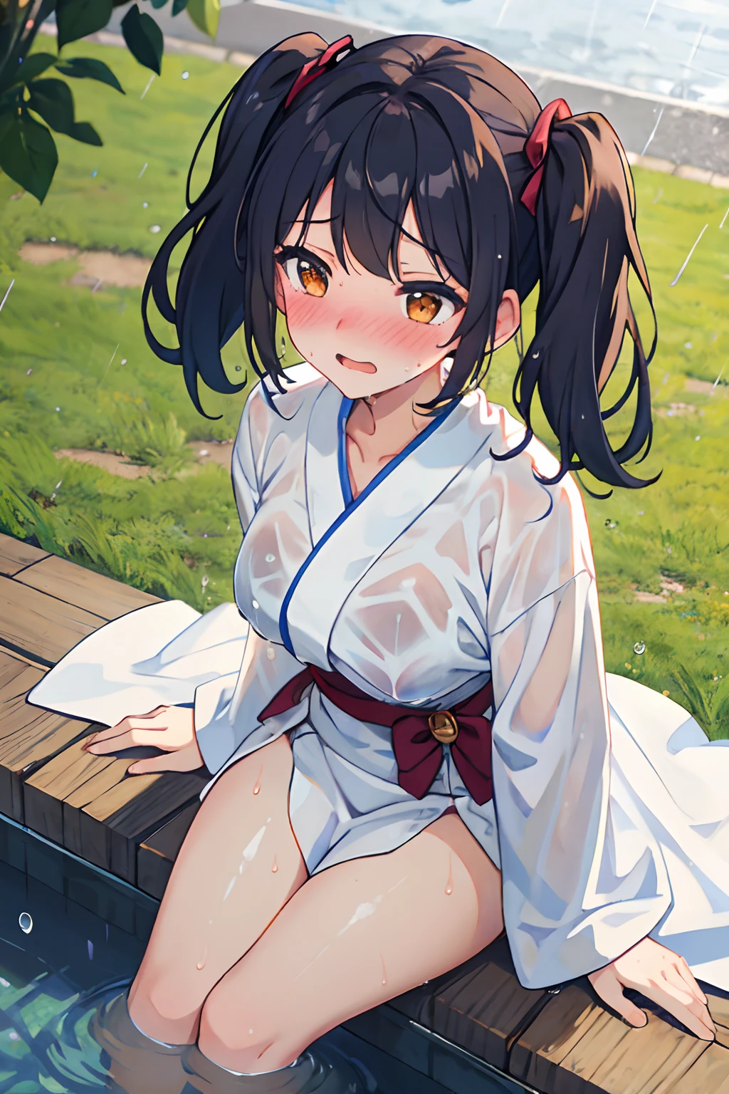 wide angle, 1girl, soaking wet, twintails, blushed, embarrassed, good hand anatomy, POV, from above, sitting, white robe, outdoor, park, raining,