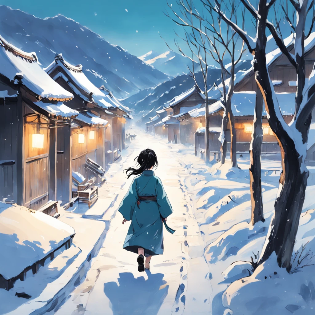 Draw a person walking in the snow, inspired by Huang Binhong, korean artist, inspired by Kim Hong-do, author:Yi Renwen, inspired by Yeong-Hao Han, inspired by Wang Yuanqi, snow landscape, author:Shen Shizhen, inspired by Lu Zhi, inspired by Yoshihiko Wada