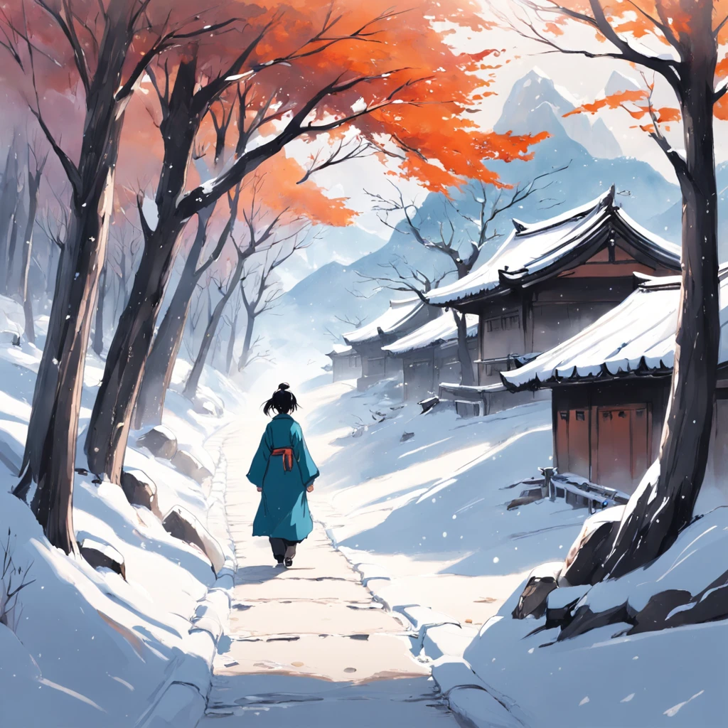 Draw a person walking in the snow, inspired by Huang Binhong, korean artist, inspired by Kim Hong-do, author:Yi Renwen, inspired by Yeong-Hao Han, inspired by Wang Yuanqi, snow landscape, author:Shen Shizhen, inspired by Lu Zhi, inspired by Yoshihiko Wada