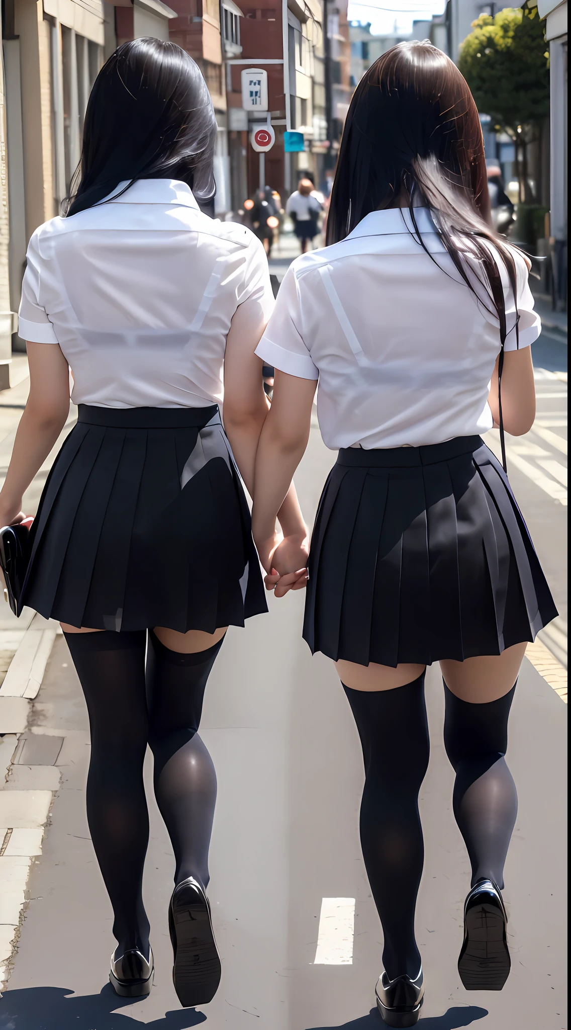 Close-up shot of two voluptuous Japanese high school girls with long legs and huge breasts wearing school summer uniforms, bending over from behind and showing off their big butts in the downtown area. Looking at camera. Red lipstick. Pleated skirt. Stockings.