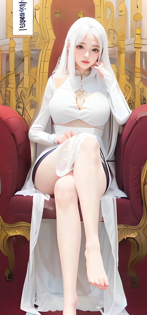 arafed woman sitting on a red chair with a white robe, sitting on her throne, anime goddess, on her throne, beautiful alluring anime woman, beautiful anime girl squatting, | fine detail anime, in a throne room, beautiful alluring anime teen, pretty female cleric, sitting on a throne, dressed like a cleric, the anime girl is crouching, see through, see through dress, no bra, no pants, oppai, bobs, breast, uncensored, , white hair