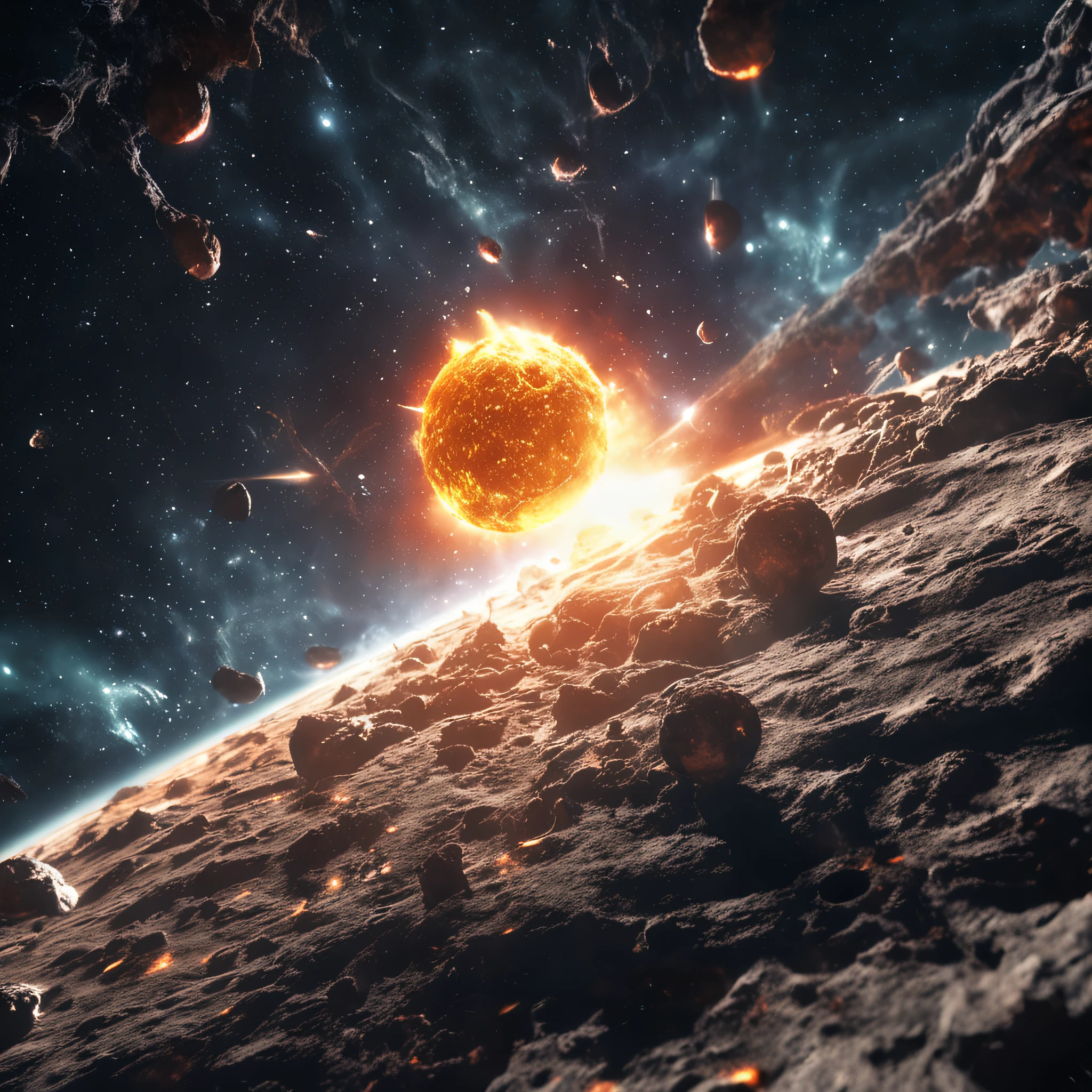 A huge spaceship，Rectangular spaceship，(A spaceship similar to an aircraft carrier:1.5)，Detailed hull details，Full of art，Cosmic galaxy background，Doomsday scenario，Crumbling earth，a volcano erupts，energy blast，Escaped spaceship，((Best quality)), ((Masterpiece)), (dramatic scene), (Epic composition:1.2), (CG animation:1.1)