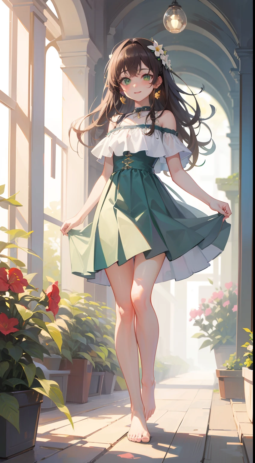 (masterpiece), (best quality), ultra high res, sharp focus, warm pastel tone, ((1 woman, solo)), detailed full body, dutch shot, beautiful detailed hair, chestnut brown hair, long hair tumbles down, beautiful detailed face, ((beautiful shape eyes, green eyes)), comfortable face, perfect feminine face, looking at the viewer, smiles, bare shoulders, feminine light long skirt outfit, standing up in the meadow of colorful flowers, bare feet