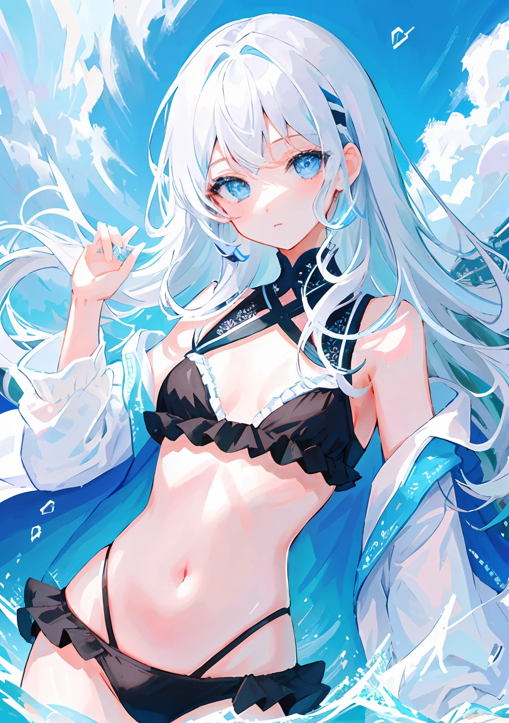 masterpiece、top-quality、ultra-detailliert、illustratio、portlate、 1 人、Black_hair、blue eyess、white hair、swim wears、The bikini