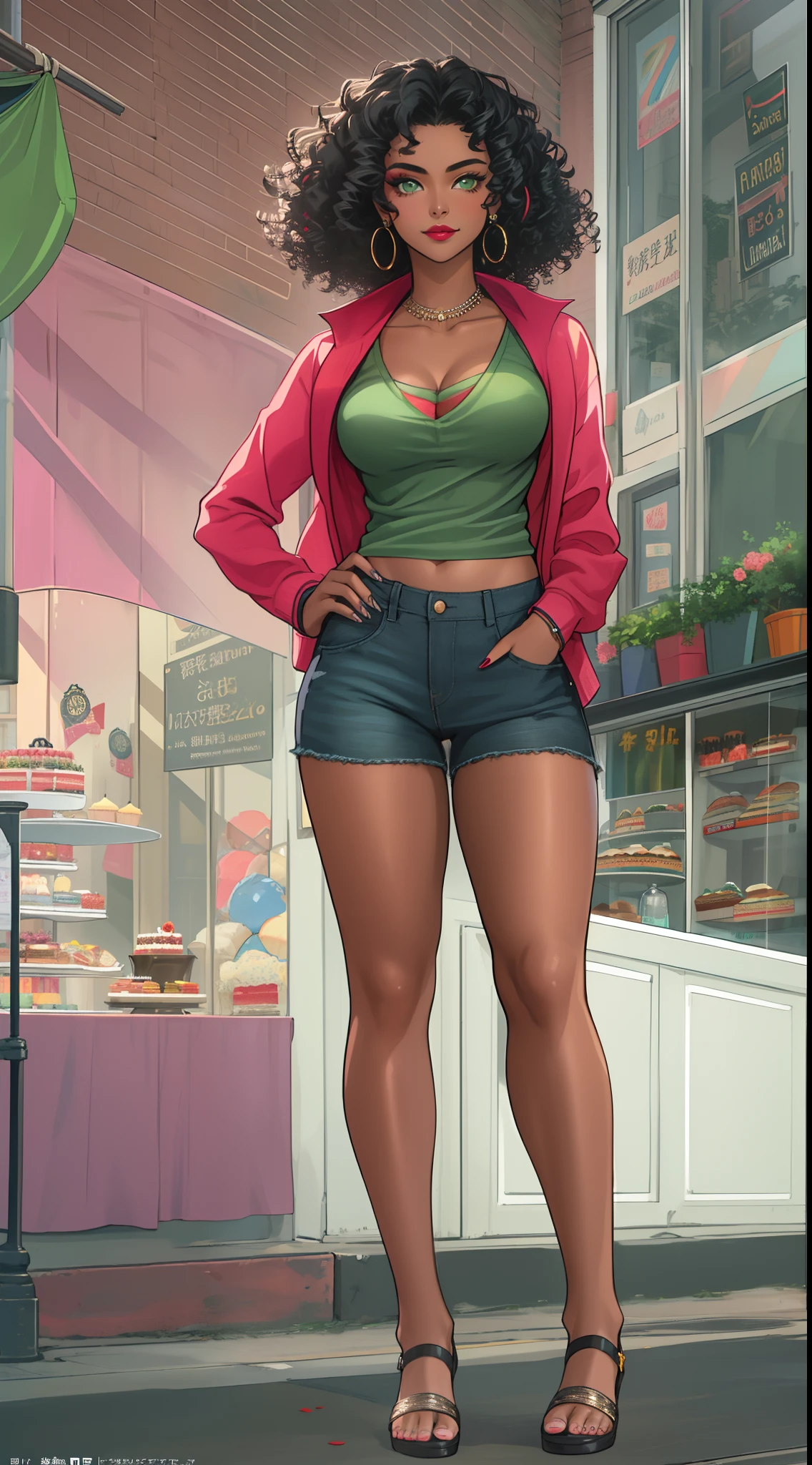 ((((A young woman))), the anime, ( Green eyes), (black hair), Nice face, ssmile, the perfect body, , (((morena))), big breastes, ((tmasterpiece, beste-Qualit)), illustartion, Ультра деталпазированная 8k, Photorealistic, sharp-focus, higly detailed, Professional lighting, Bright make-up, red-lips, Toenails and fingernails are varnished, (dark skin:1,2), short stature, dark skin, Indian woman, African curly hair, Afro-curls, urban style, casual wear, casual shoes, confectionery, buns, pasties, Cakes, Street, The city, Shops