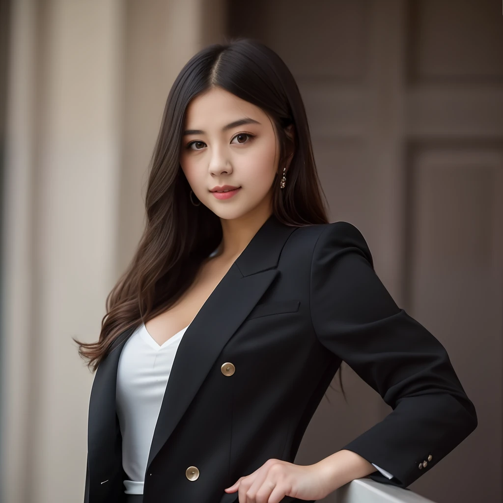 best quality, masterpiece, 1 girl, beautiful face, (photo photo:1.3), edge lighting, (high detail skin:1.2), 8k ultra hd, dslr camera, high quality, high resolution, 4k, 8k, bokeh, absurd, best ratio four fingers and one thumb, (realistic:1.3), cute 1girl, wearing black formal blazer, oversized breasts, short skirt,