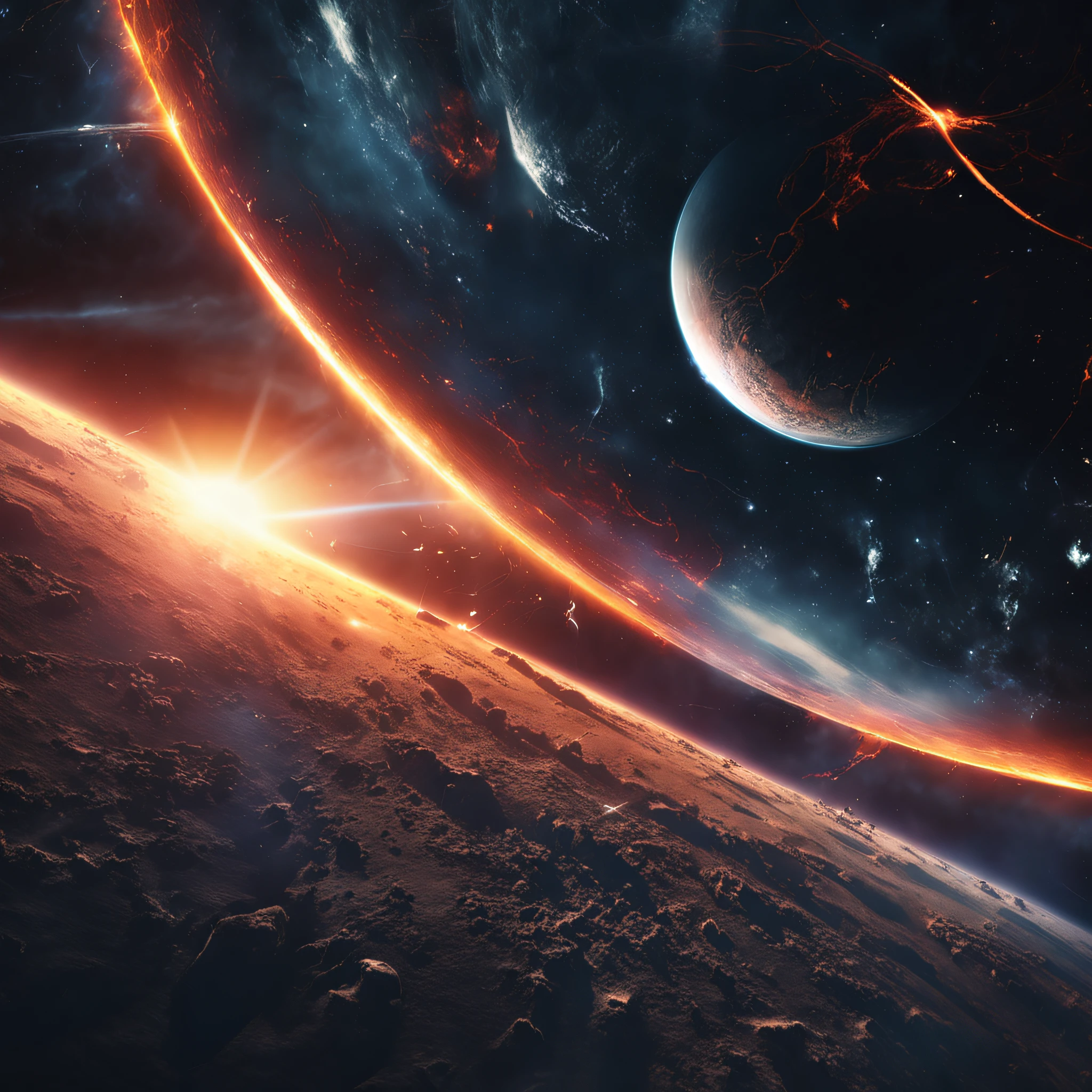 ((Best quality)), ((Masterpiece)), (dramatic scene), The Earth and the Sun collapse into black holes like the Sun, (Post lighting:1.3), As soon as the sun came out, It darkened, (Epic composition:1.2), (The earth is bathed in the glow of random colors:1.3), (CG animation:1.1), Flames and debris are inhaled, (Emergency atmosphere:1.2), (The spacecraft was evacuated urgently:1.3)，(Open the space wormhole:1.3)，People fleeing, (movie atmosphere:1.3), Nebulae and galaxies in the background, (High contrast:1.1), (8K resolution:1.0),