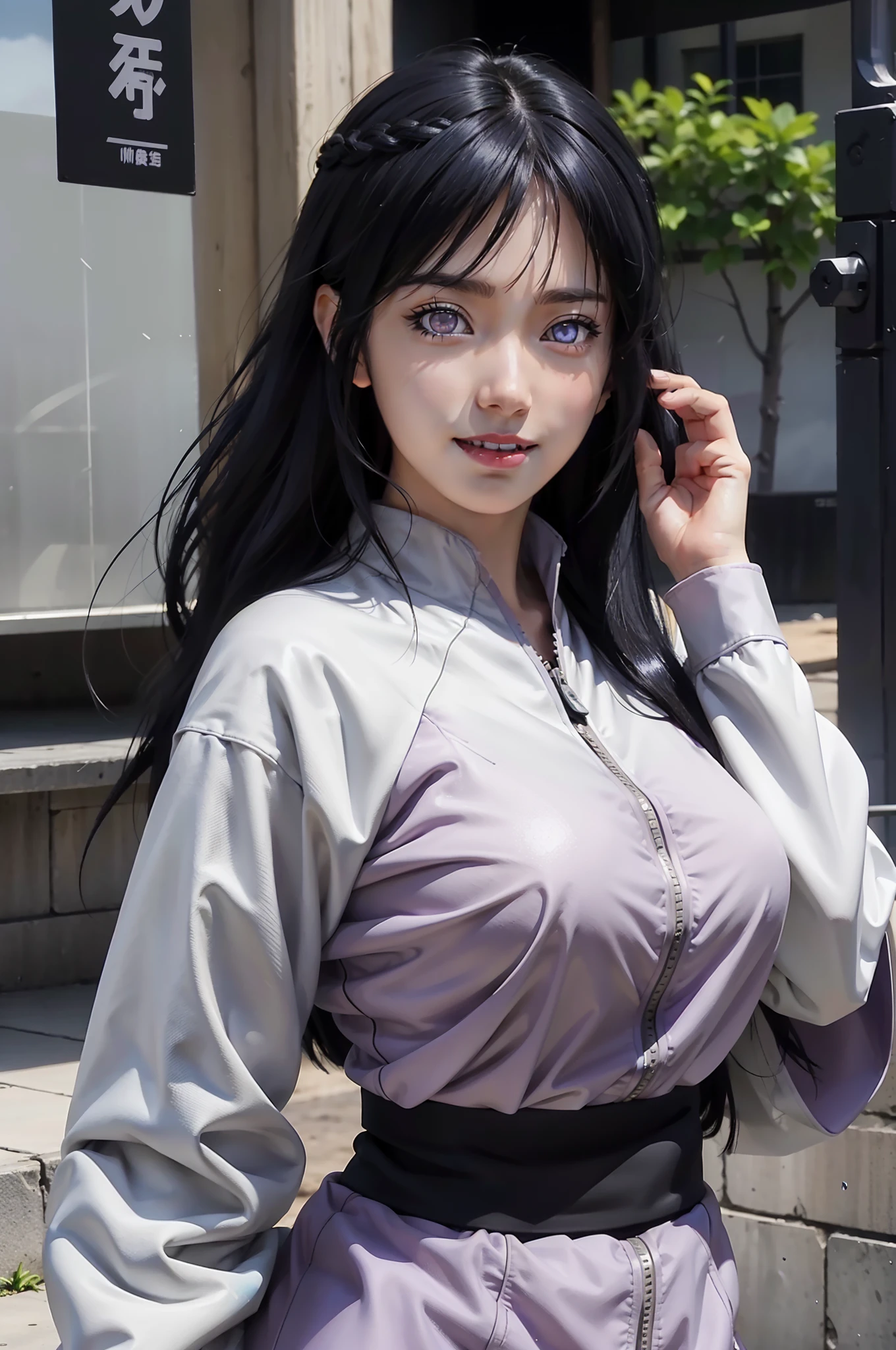 1girl, hyuga hinata in anime naruto, long hair, black hair, white eyes, smile, beautiful, purple clothes, very big breast, realistic clothes, detail clothes, outdoor background, ultra detail, realistic