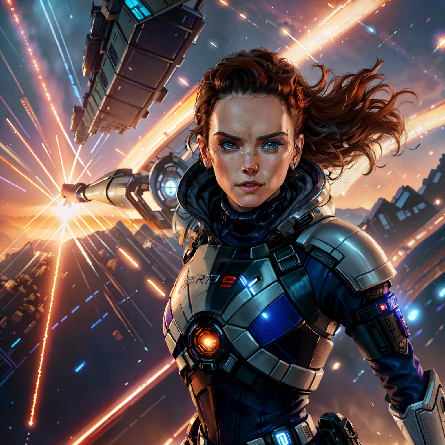 a close up of Daisy Ridley in a futuristic suit with a sci - fiction style background, mass effect fantasy, commander shepard, femshep, mass effect style, mass effect inspired, mass effect, mass effect artifacts, wearing mass effect armor, inspired by Eve Ryder, epic scifi character art, hq 4k phone wallpaper, jen bartel