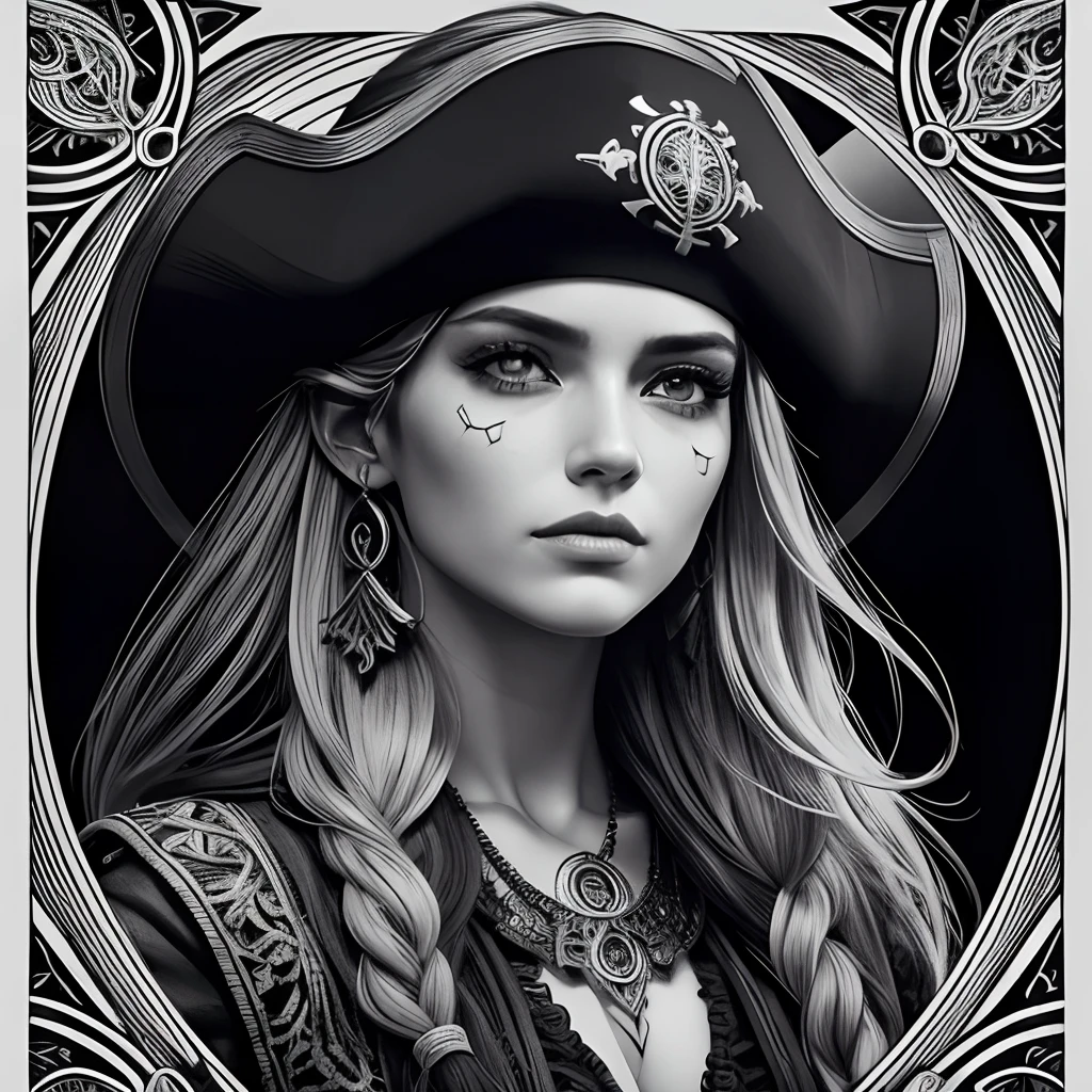 Centred potrait of a female Pirate, black and white, zentangle (best quality) ultra-detailed, fine line drawing, fine line art, coloring book illustration style, intricate linework, highly detailed illustration, perfect composition, beautiful and stunning, dynamic angle, high contrast, incredible shading, incredible detail, unique style, black and white details, (dark and mystical atmosphere), intricate and detailed nature elements.