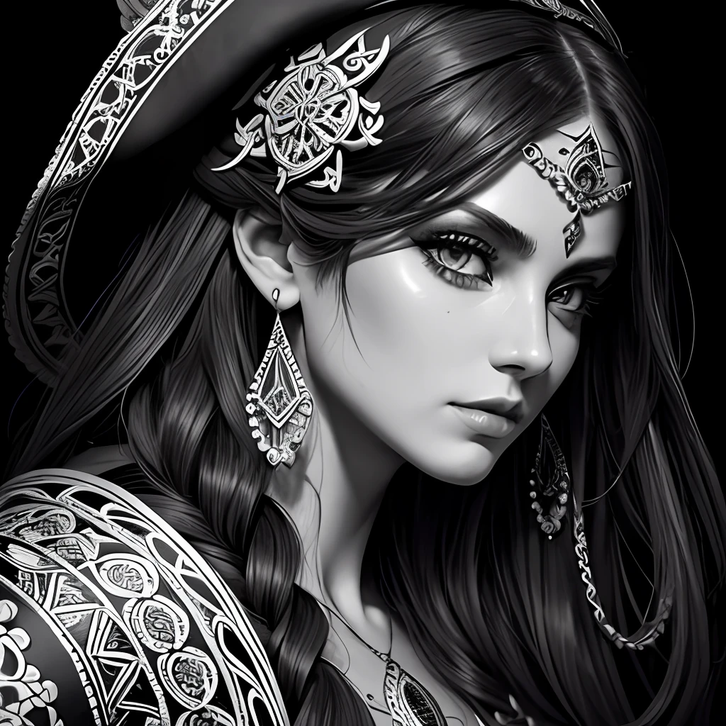 Centred potrait of a female Pirate, black and white, zentangle (best quality) ultra-detailed, fine line drawing, fine line art, coloring book illustration style, intricate linework, highly detailed illustration, perfect composition, beautiful and stunning, dynamic angle, high contrast, incredible shading, incredible detail, unique style, black and white details, (dark and mystical atmosphere), intricate and detailed nature elements.