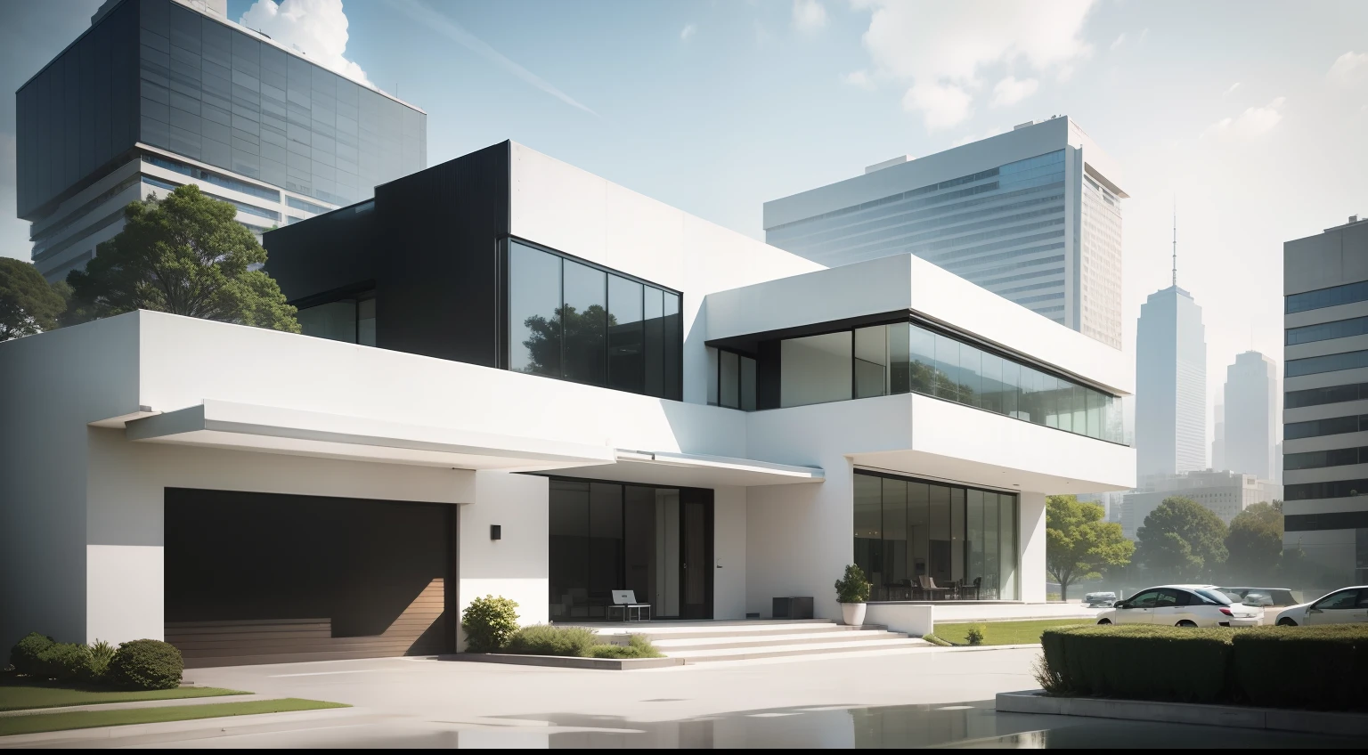 White detached building,Mies' architectural style,Richard Meyer's architectural style,The overall design of the building shows fashion、Modern and vibrant look。It embraces modern architecture with clean lines and fluid forms,stunning detailed,Photo live-action effect。