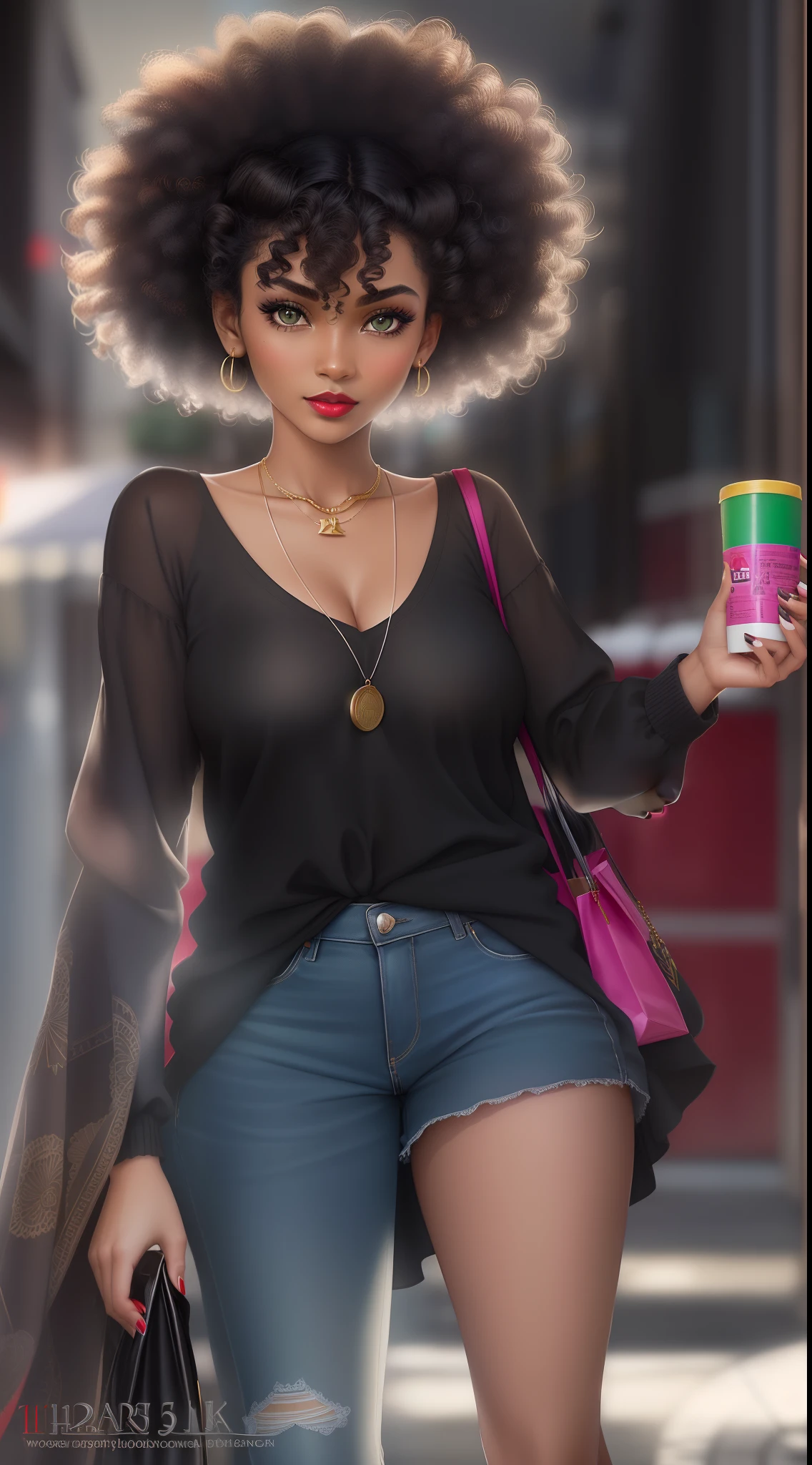 ((((A young woman))), the anime, ( Green eyes), (black hair), Nice face, ssmile, the perfect body, , (((morena))), big breastes, ((tmasterpiece, beste-Qualit)), illustartion, Ультра деталпазированная 8k, Photorealistic, sharp-focus, higly detailed, Professional lighting, Bright make-up, red-lips, Toenails and fingernails are varnished, (dark skin:1,2), short stature, dark skin, Indian woman, African curly hair, Afro-curls, urban style, casual wear, casual shoes, confectionery, buns, pasties, Cakes, Street, The city, Shops