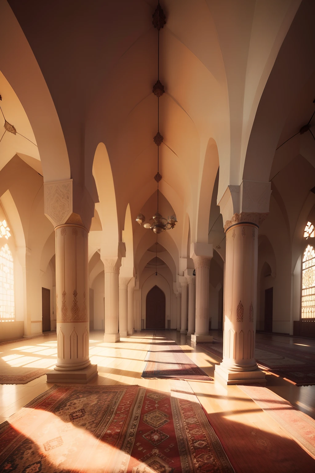 a photorealistic picture of the interior of an empty mosque, with carpet, no windows at all, taken from center with pillars on each side, glowwave, canon eos 5d mark iv, contest winner, orange tint image