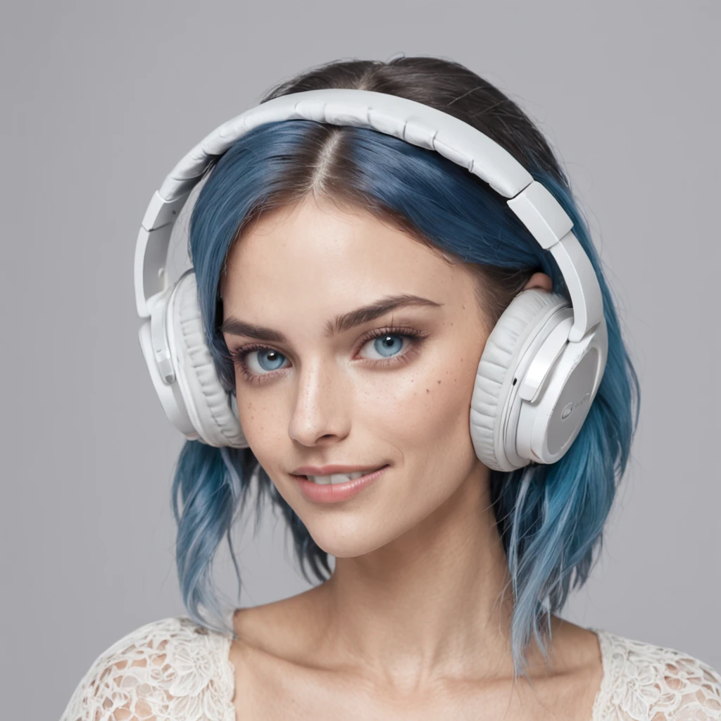 Young Caucasian Brazilian woman wears light make-up on her face. Skull pattern style. Blue hair. Blue eyes. Smile. Use white headphones. Wear a gray T-shirt. White background in a highly technological environment. High Detail, Realistic, Intricate Hyper Details, 8k, Cinematic Lighting, Cinematic.