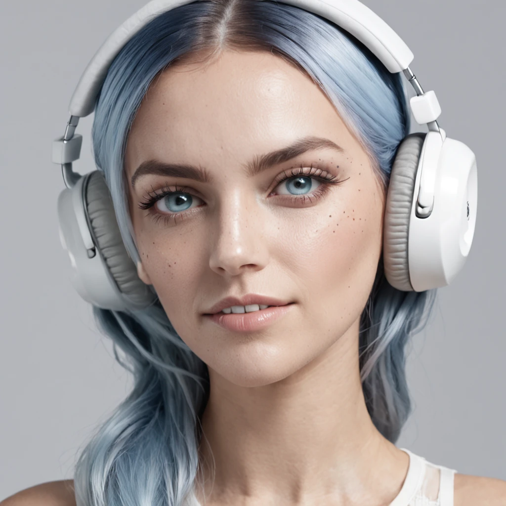 Young Caucasian Brazilian woman wears light make-up on her face. Skull pattern style. Blue hair. Blue eyes. Smile. Use white headphones. Wear a gray T-shirt. White background in a highly technological environment. High Detail, Realistic, Intricate Hyper Details, 8k, Cinematic Lighting, Cinematic.