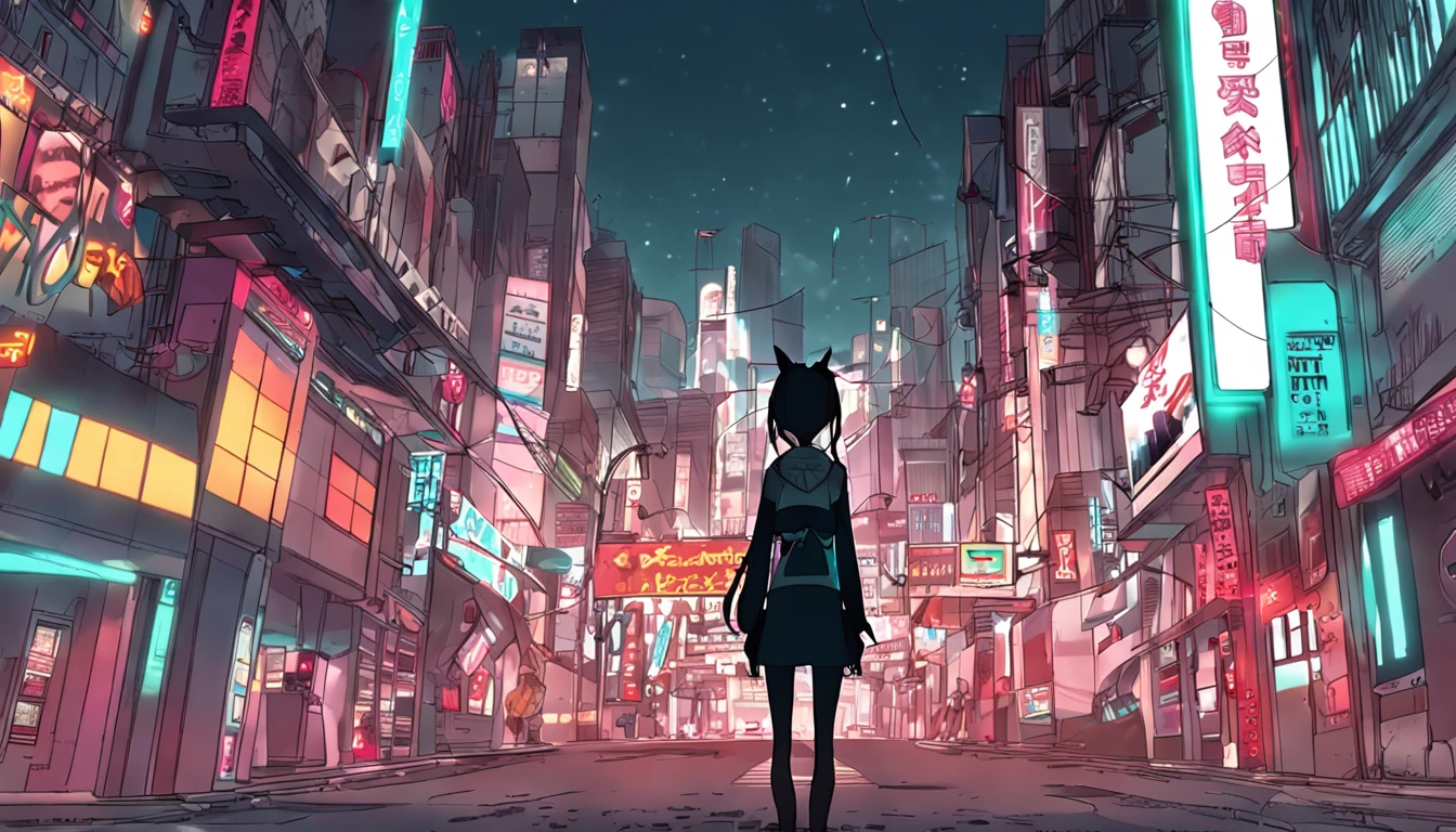 miku hatsune,city,full bodyesbian,facing back
