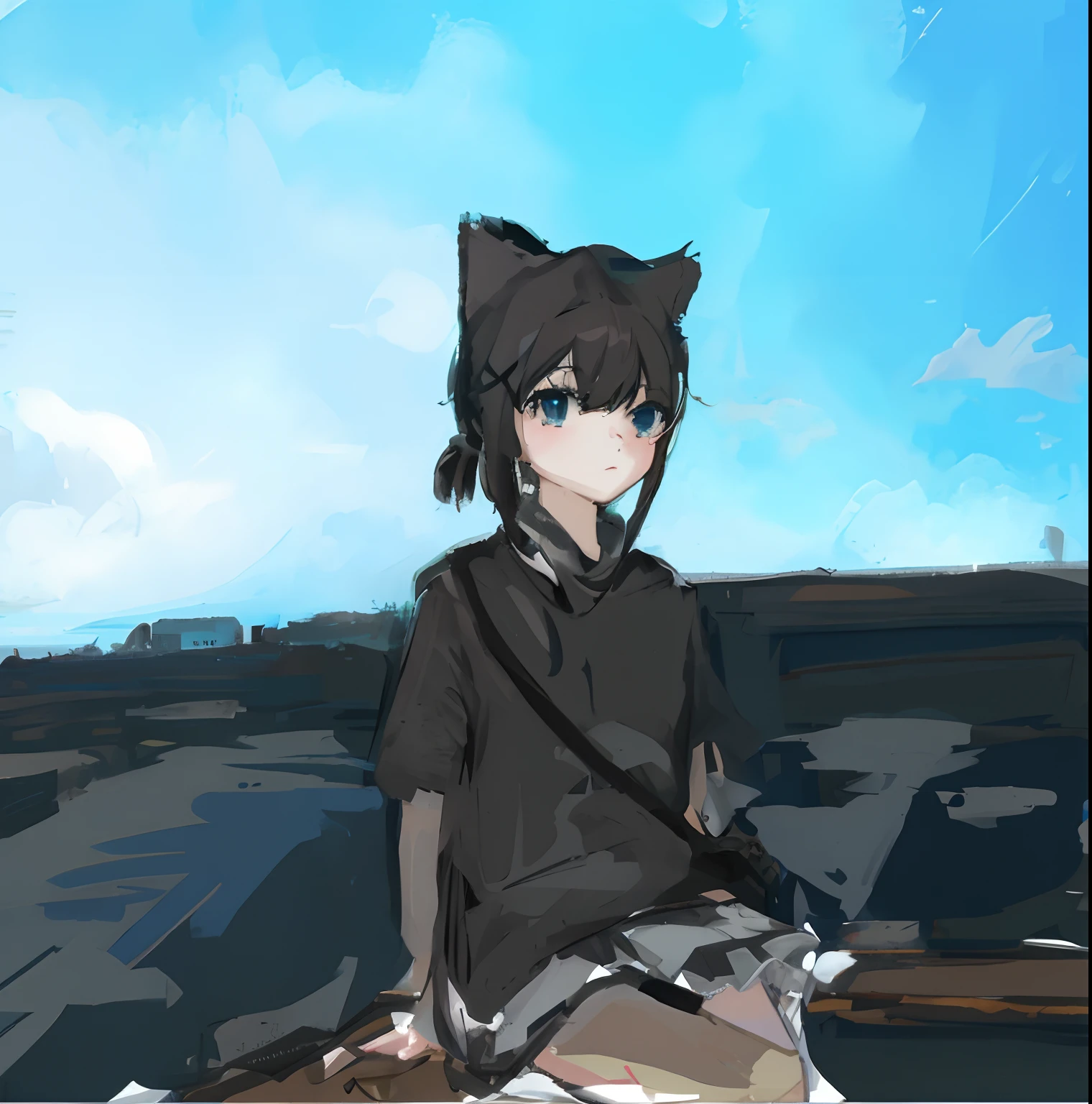 There is a painting，One girl is sitting on a bench, Kantai collection style, drawn in anime painter studio, author：New Art, made with anime painter studio, anime art style, anime moe art style, In anime style, in an anime style, anime catgirl, cat woman, Have by the sea, anime cat, sketchy artstyle, speedpaint