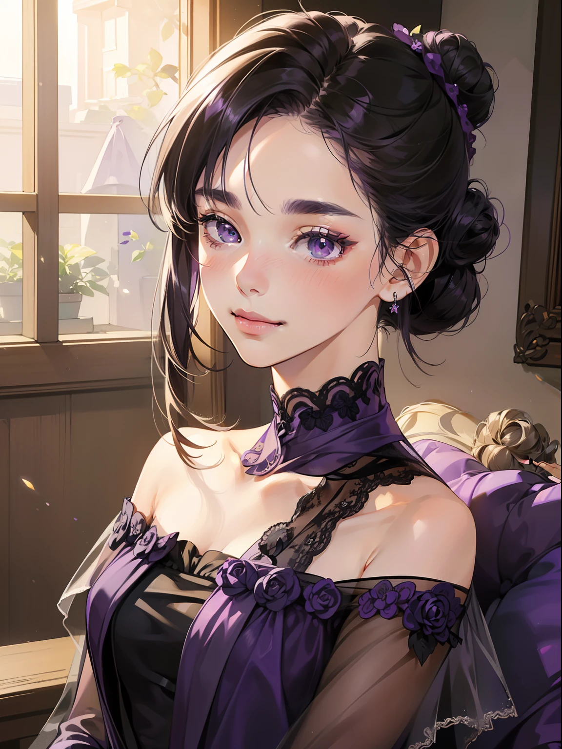 masterpiece, best quality, realistic, mature female, cute, 15 years old, closed mouth, portrait, extremely detailed face, soft smile , (dark purple eyes), ((with single black hair bun), ((front bangs hair)), [thin eyebrows], ((purple dress)), no makeup, light smile, ear blush, light blush, short eyelashes, 4k, living-room,