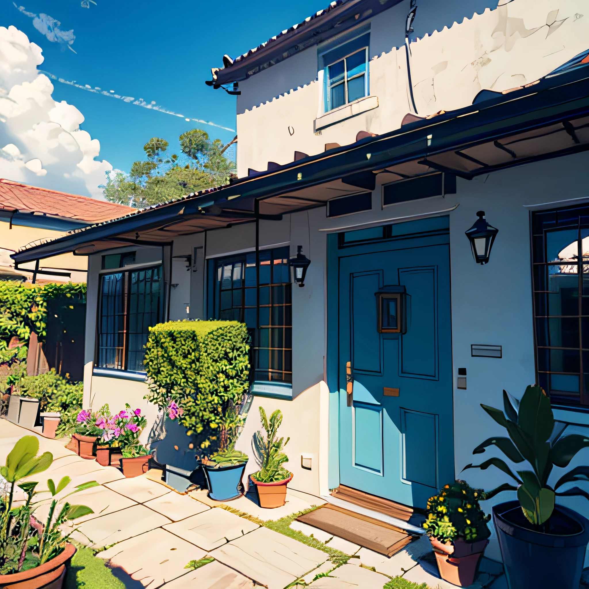 scenery,sky,plant,tree,outdoors,day,house,potted plant,building,no humans,cloud,window,blue sky,recording,flower pot,door,bush,viewfinder,architecture,no one,without humans,4k，高分辨