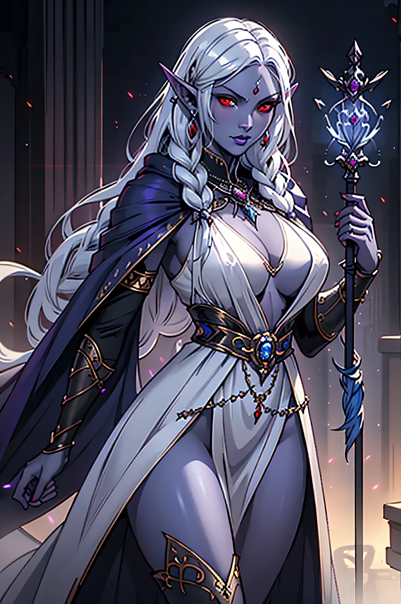 1girl, sexy drow, dark purple-blue skin, pale silver long elaborate braids, ((red eyes)), jewels, elf ears, earrings, ((white sorceress sexy dress)), ((wields staff)), ((cast light magic)), on a roof of scyscraper, athletic, volumetric lighting, best quality, masterpiece, realistic, anatomically correct, (strong cinematic lighting), stunning details, intricate details, 8k post-production, High resolution, super details, trending on ArtStation, sharp focus, depth of field f/1.8, studio photos, (((looking at camera)))