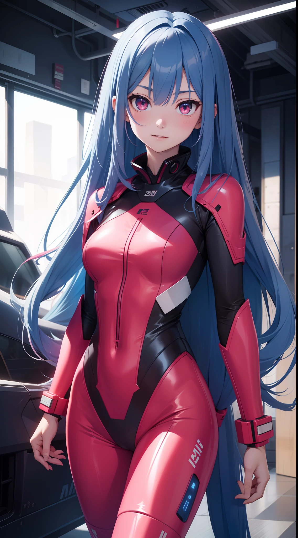 young girl, long blue hair, red eyes, ssmile, opened mouth, Pink Plug Suit, Masterpiece, hiquality