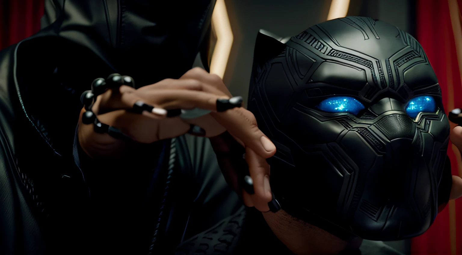 Someone has a Black Panther mask in their hands, pantera negra, Wakanda, Ainda do filme da Marvel, Ryan Gosling como Pantera Negra, medium close - up ( Mcu ), ainda de um filme live action, cinematic close shot, Cinematic Still Shot, hands shielding face, sleek hands, Da Marvel Studios, cinemactic. ", Cinematic Shot!, cena do filme live action