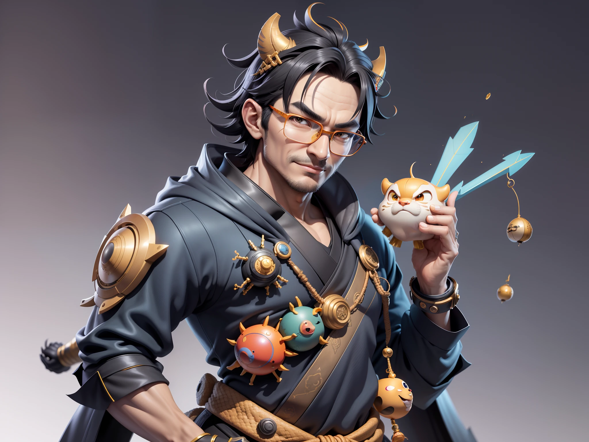 (Masterpiece), (Excellent), (Super Meticulous), (Full Body: 1.2), Super Young Man with Japanese Female Geisha, Pretty, Beautiful, Chinese Dragon, Tiger, Wind God Thor, Sexy, Bursting, Oriental Face, TV Anchor, Bust Portrait Illustration, Black Suit, Blue Tie, Slightly Chubby Face, Silver Glasses, Very Clean Face, No Beard on Chin, Black Super Short Hair, Black Eyes, Confident Smile, 3c Computer Sub-Products, iPad, iPhone, Digital Painting, 3D character design by Mark Clairedon and Pixar and Hayao Miyazaki and Akira Toriyama, the illustrations are HD illustrations in 4K resolution with highly detailed facial features and cartoon-style visuals.
