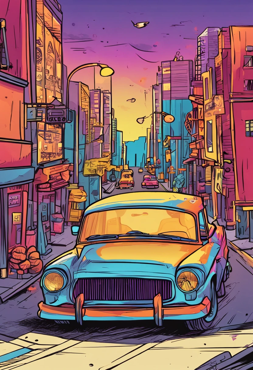 Cartoon car，In the setting sun，driving on the street, car trading game,