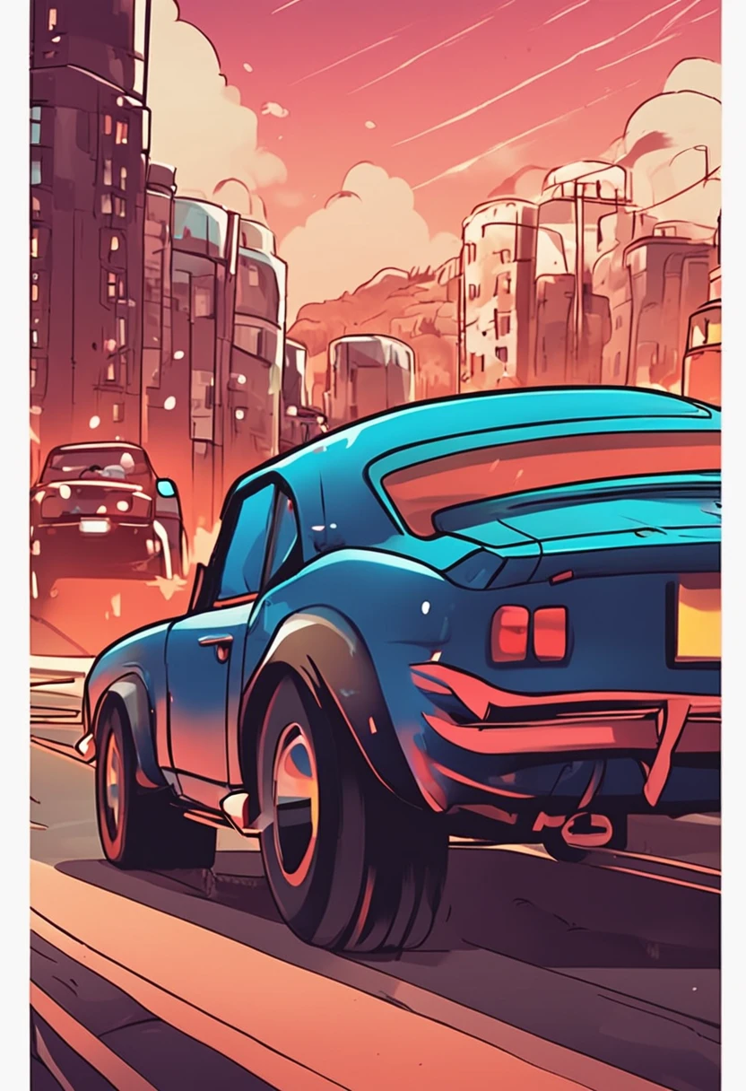 Cartoon car,In the setting sun,driving on the street, car trading game,